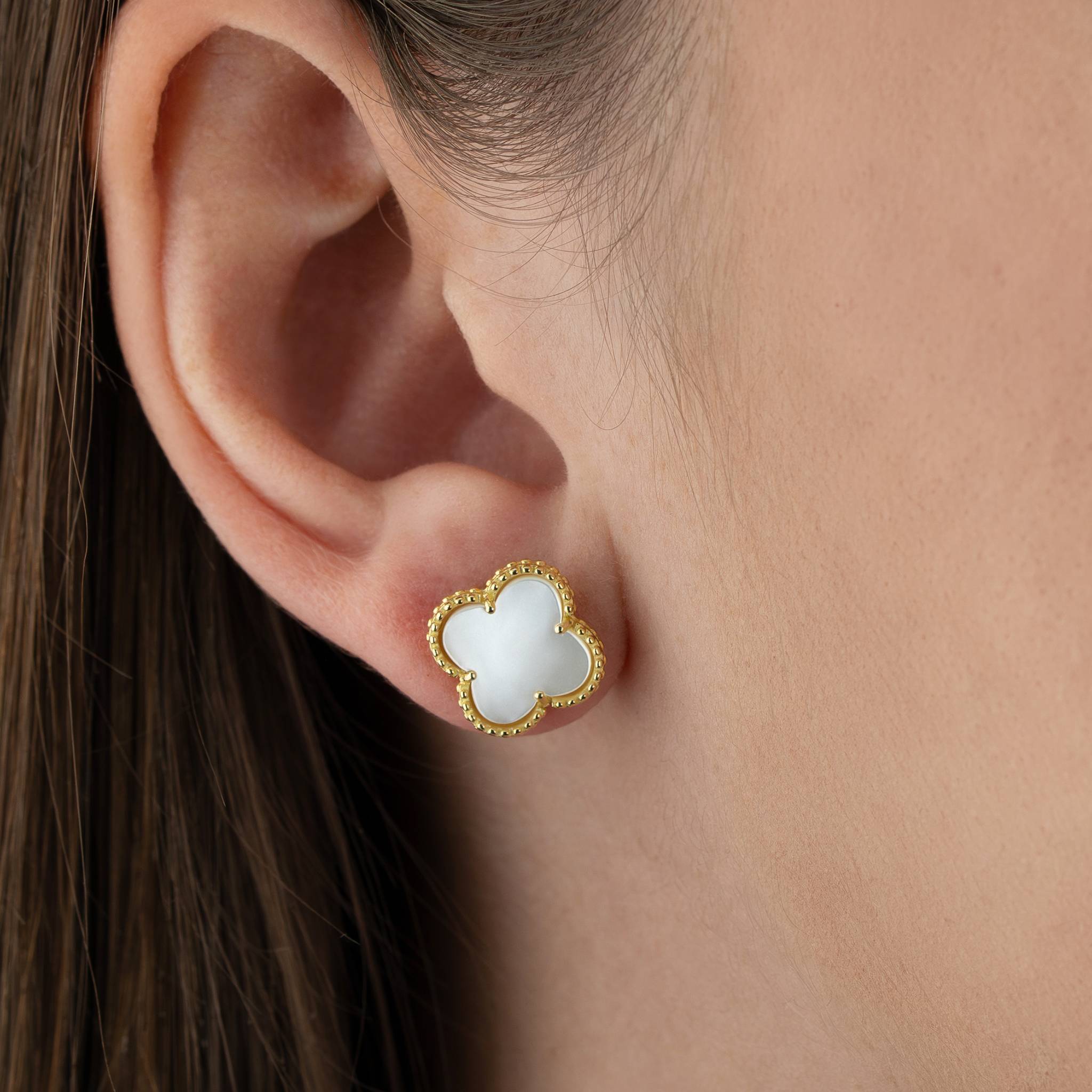 Mother of Pearl Quatrefoil Stud Earrings - Silver