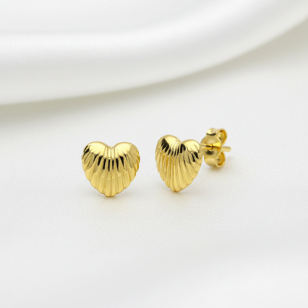 Ribbed Heart Stud Earrings - 18ct Gold