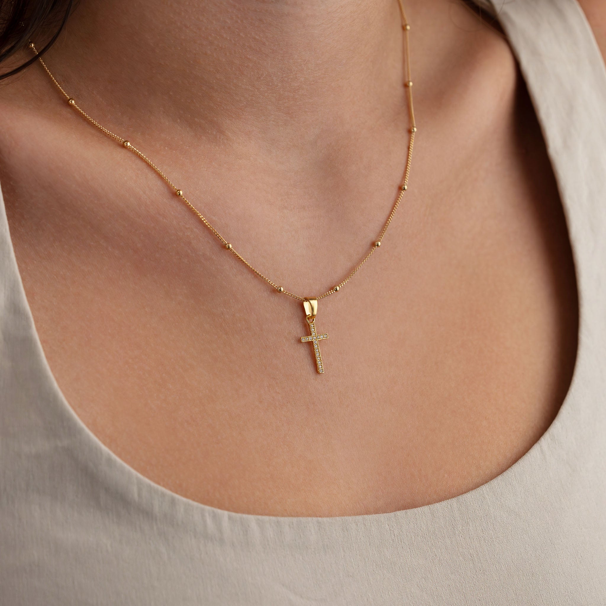 Cubic Zirconia Cross Necklace - 18ct Gold / Style 2