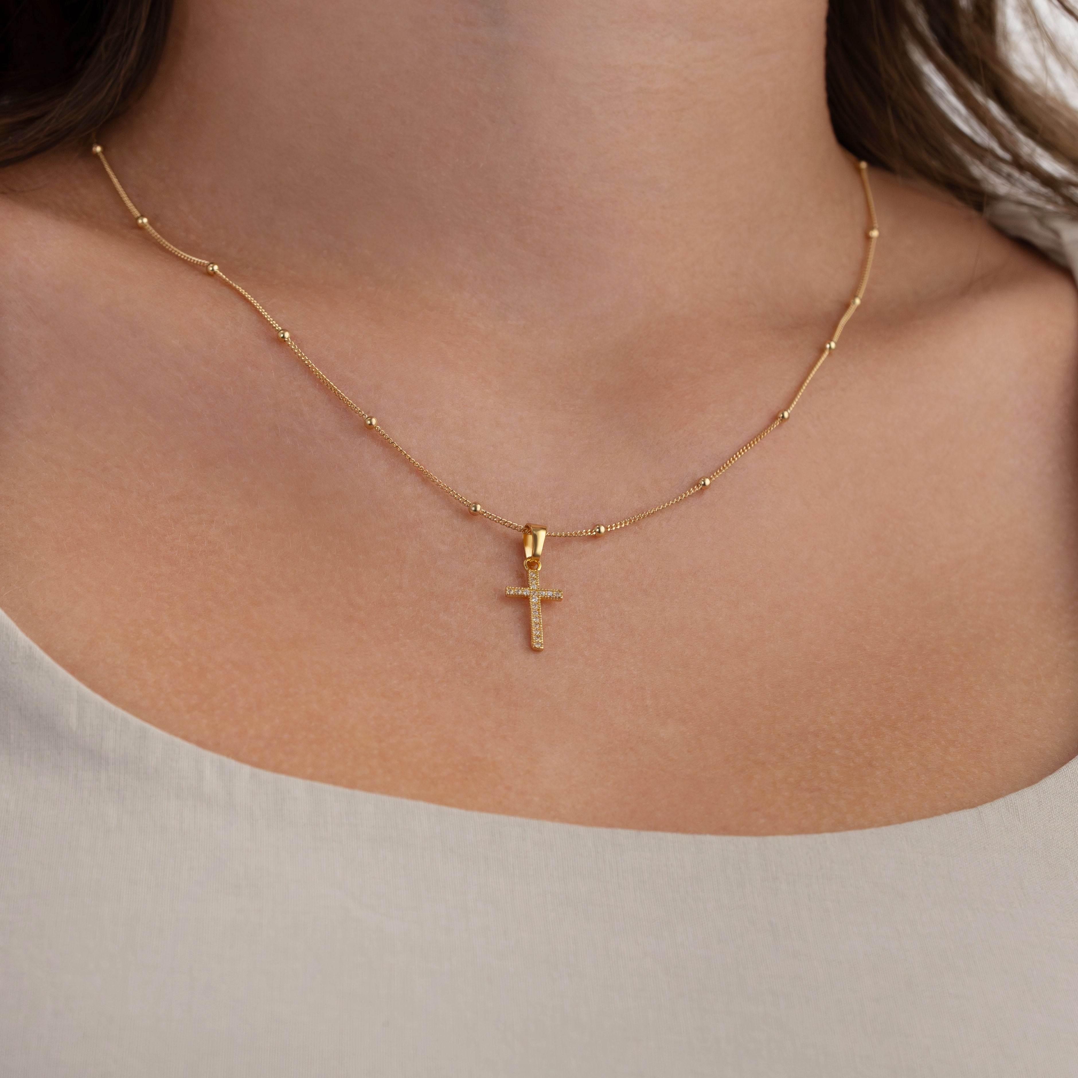 Cubic Zirconia Cross Necklace - 18ct Gold / Style 2
