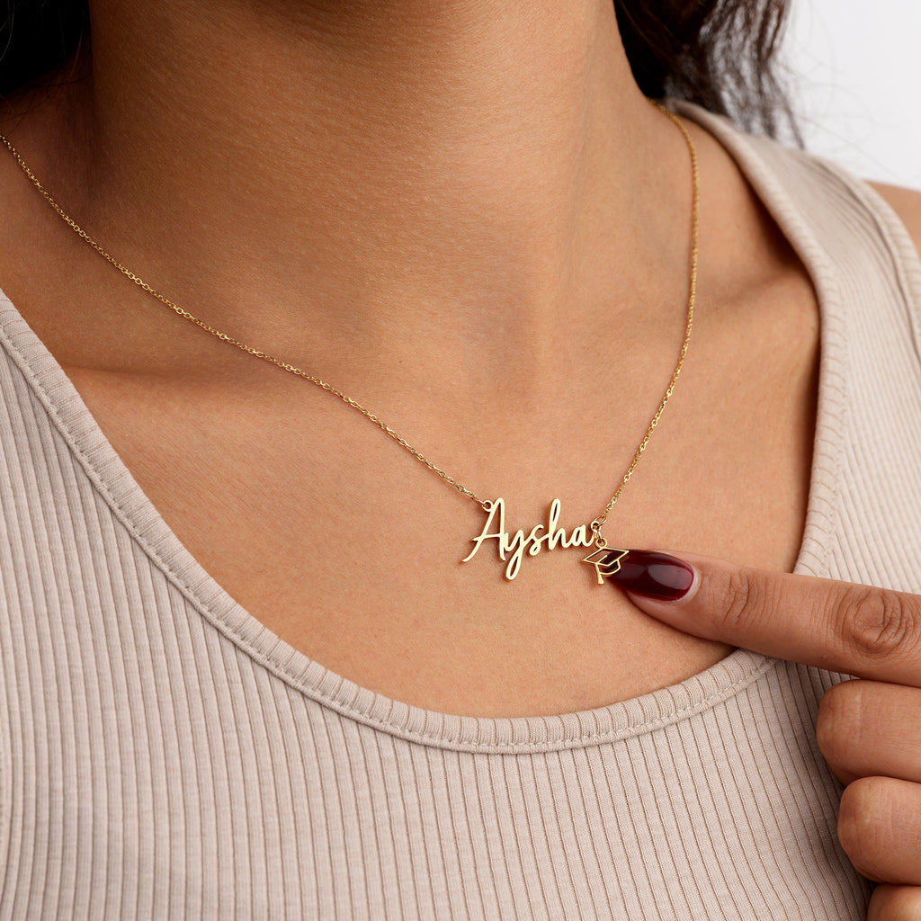 Graduation Name Necklace with Cap Charm - Sterling Silver / Style 1