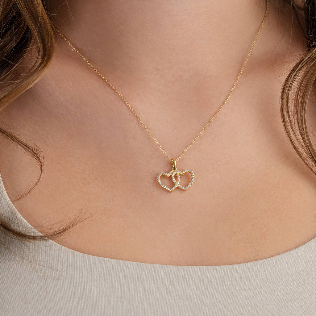 Interlocking Double Heart Cubic Zirconia Necklace - Gold / Style 1