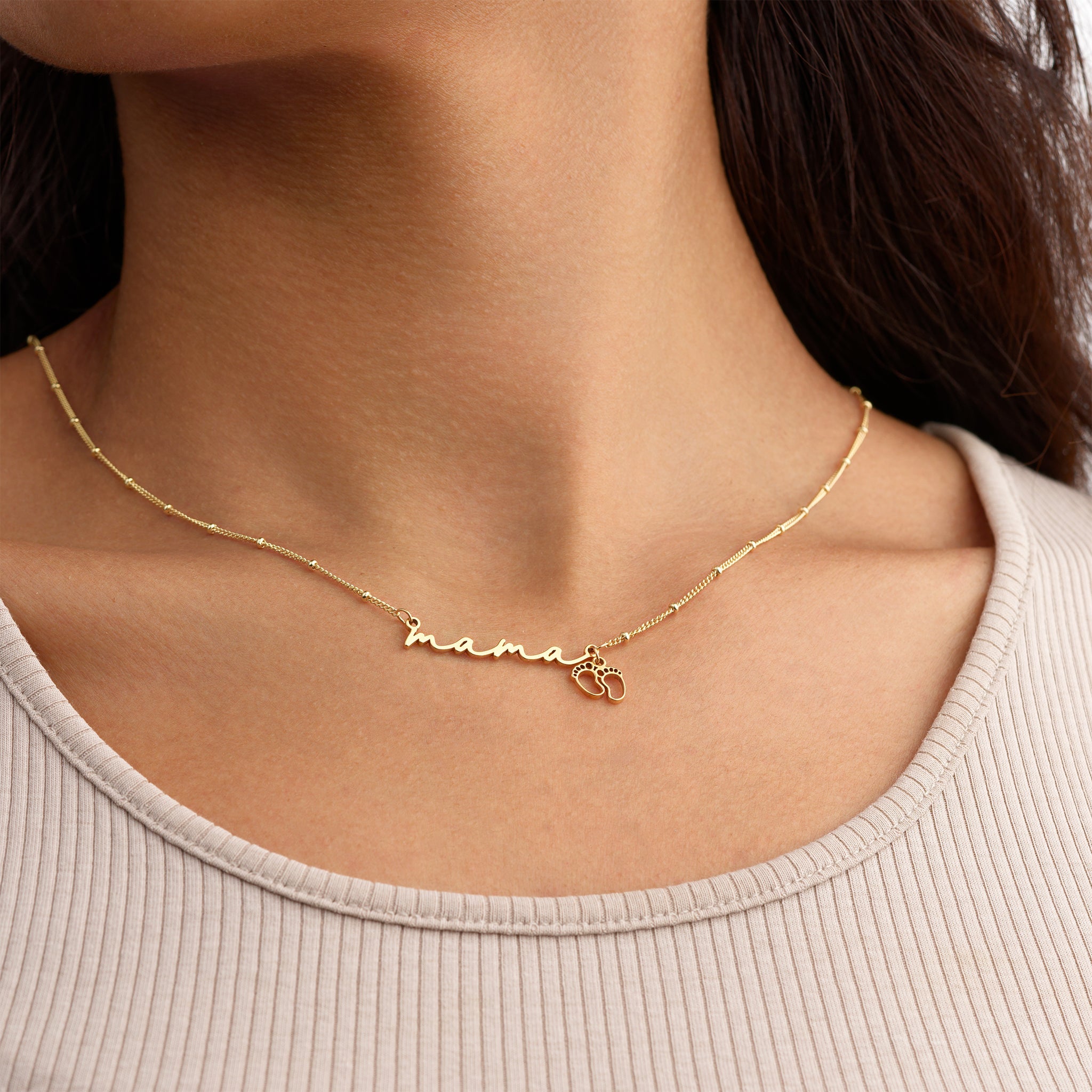 Mama Necklace with Baby Feet Charm - 18ct Gold / Style 3