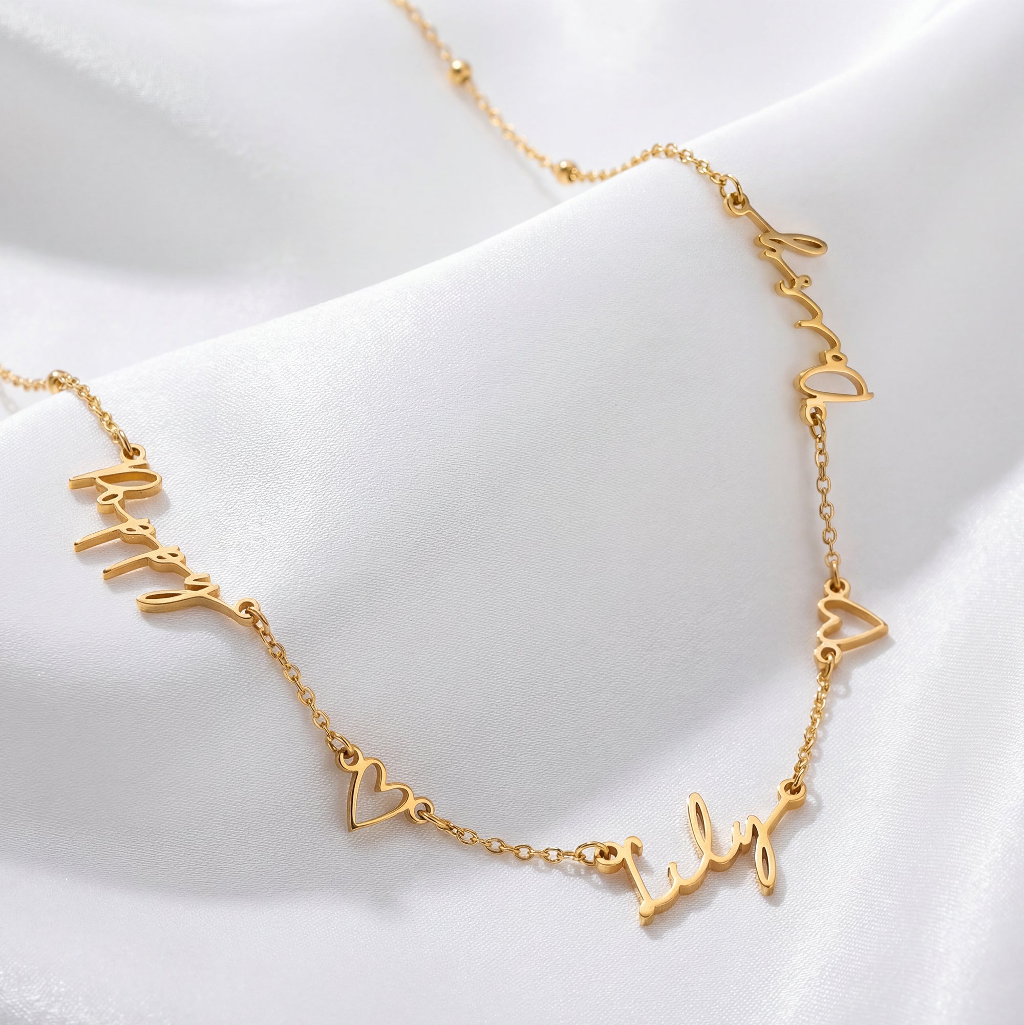 Triple Name Necklace with Two Hearts - Solid Silver / Style 2