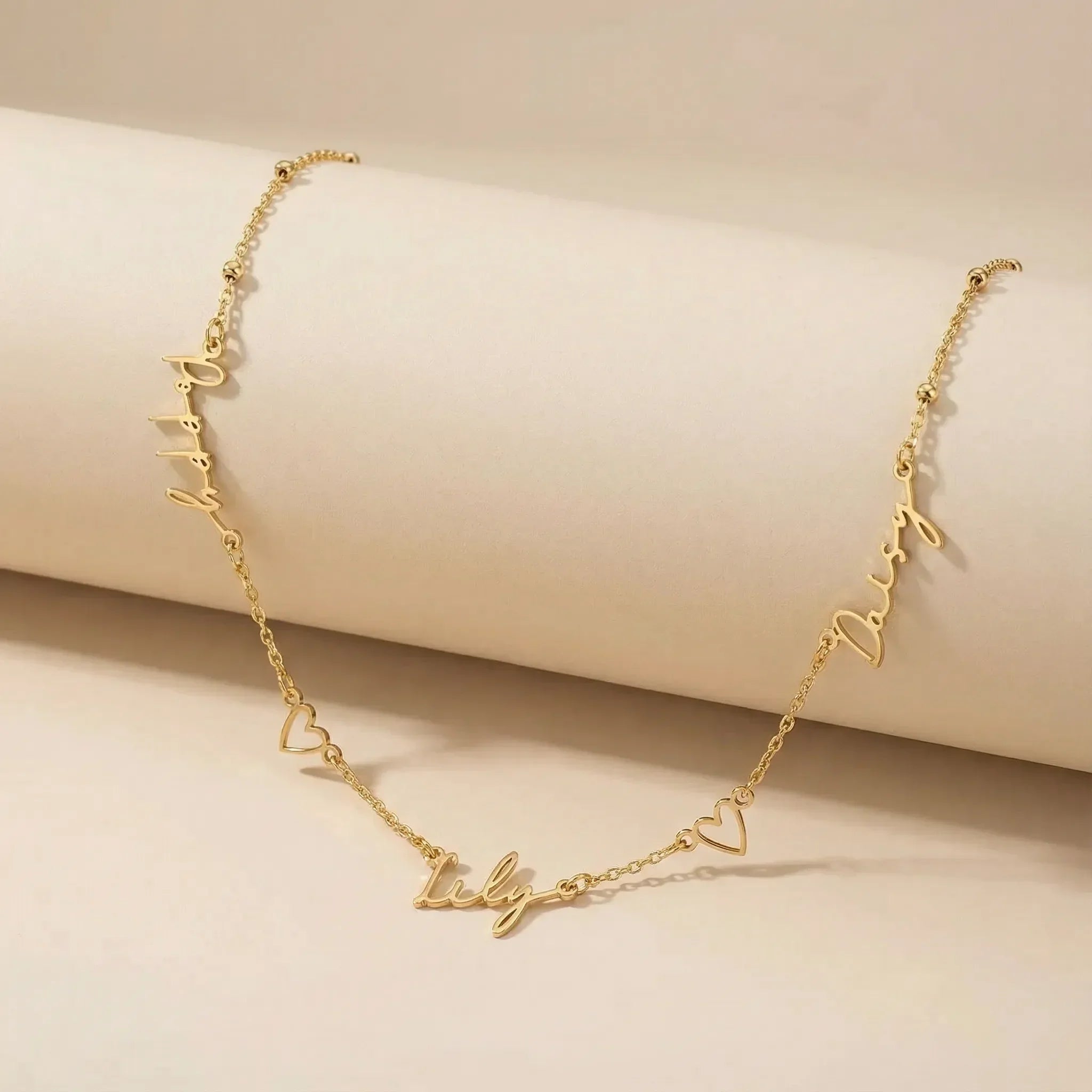 Triple Name Necklace with Two Hearts - Vermeil / Style 2
