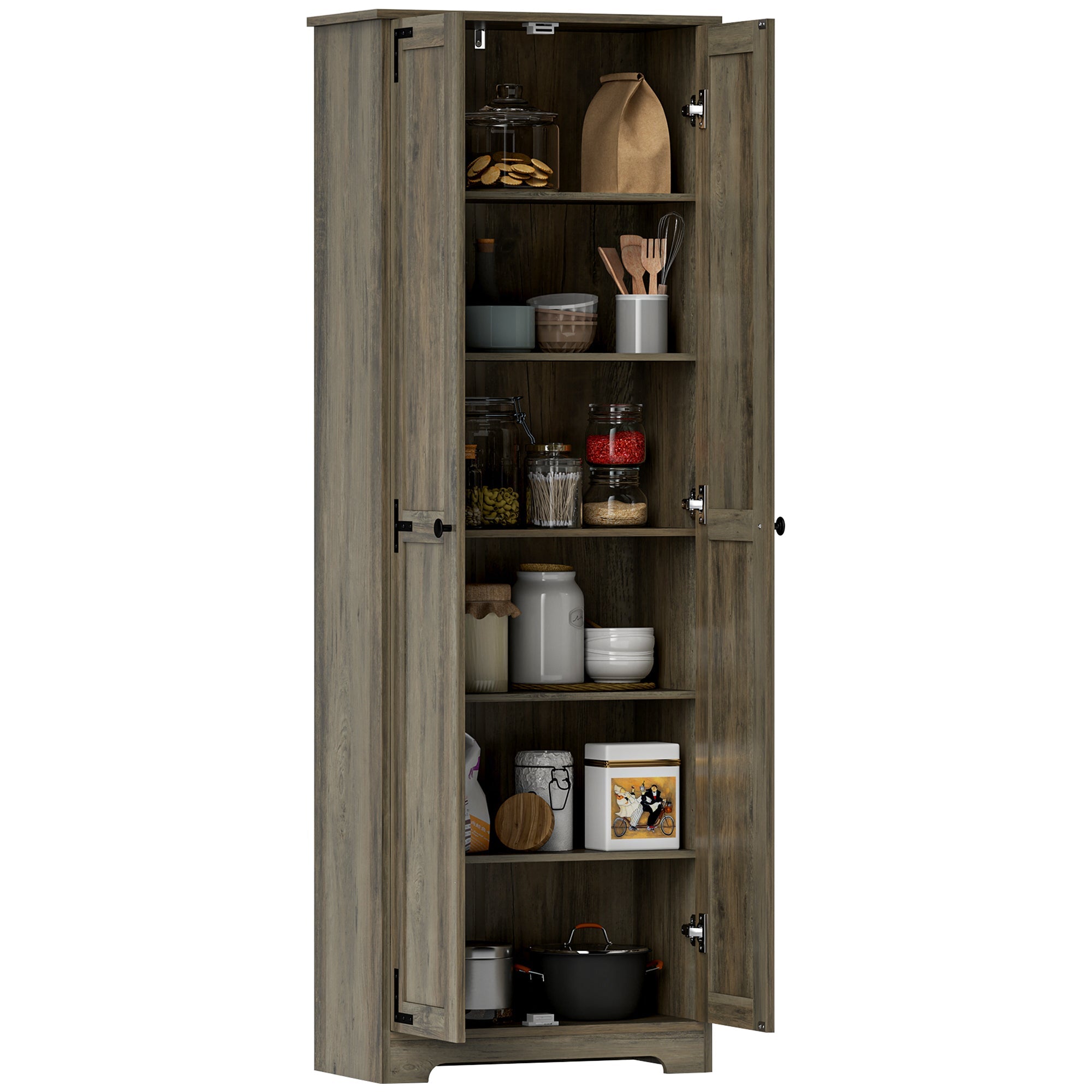 67" Farmhouse Pantry Cabinet with Adjustable Shelves & Recessed Doors, Distressed Gray