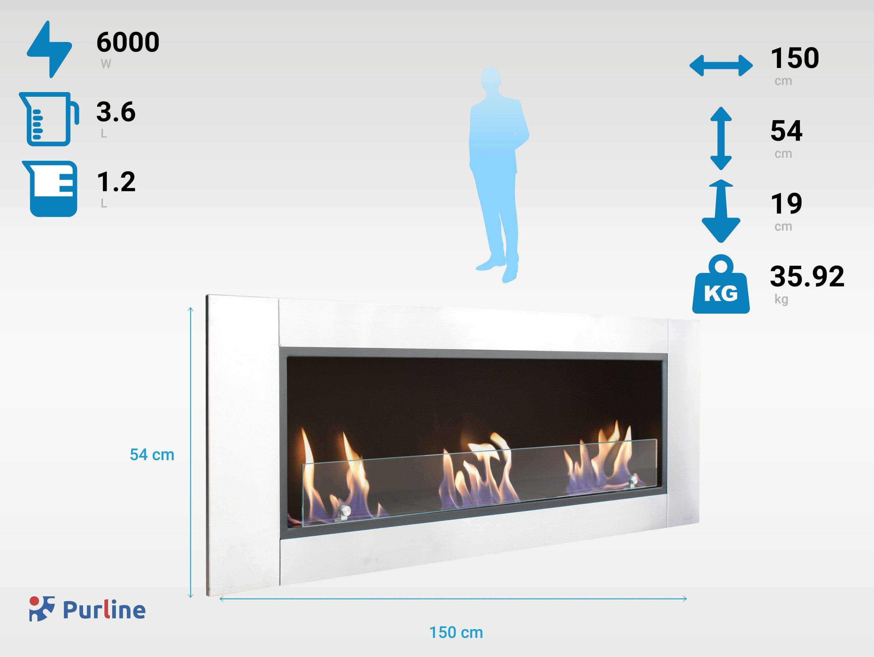 Chimenea de etanol de suelo, 6000W, diseño encastrable, grandes dimensiones y 3 quemadores