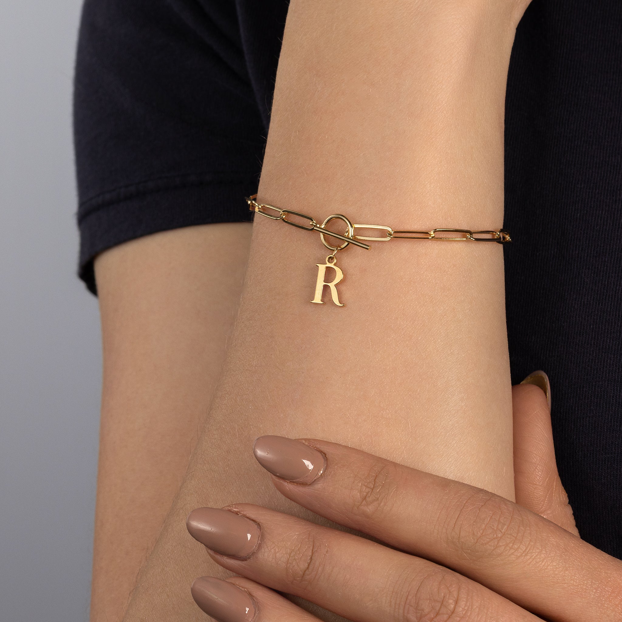 Initial Bracelet with Oval Belcher T-bar Chain
