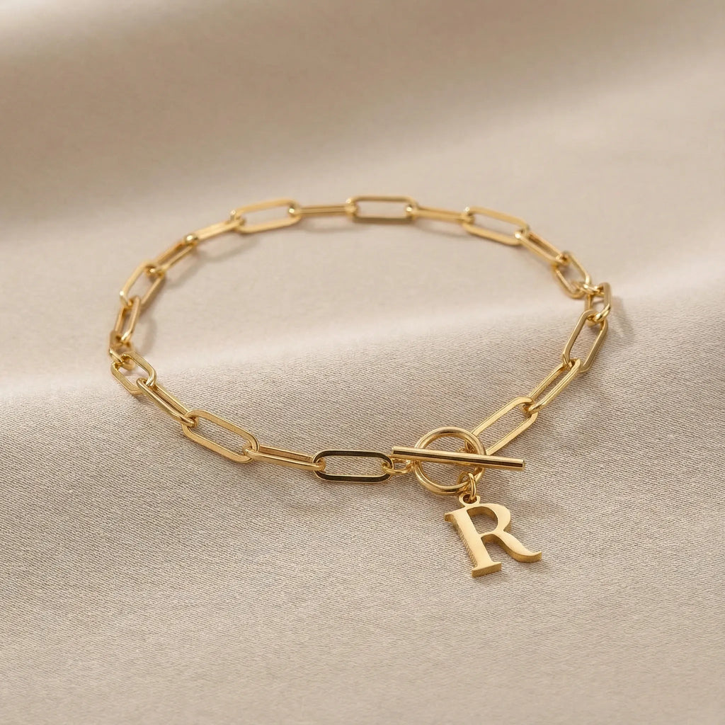 Initial Bracelet with Oval Belcher T-bar Chain