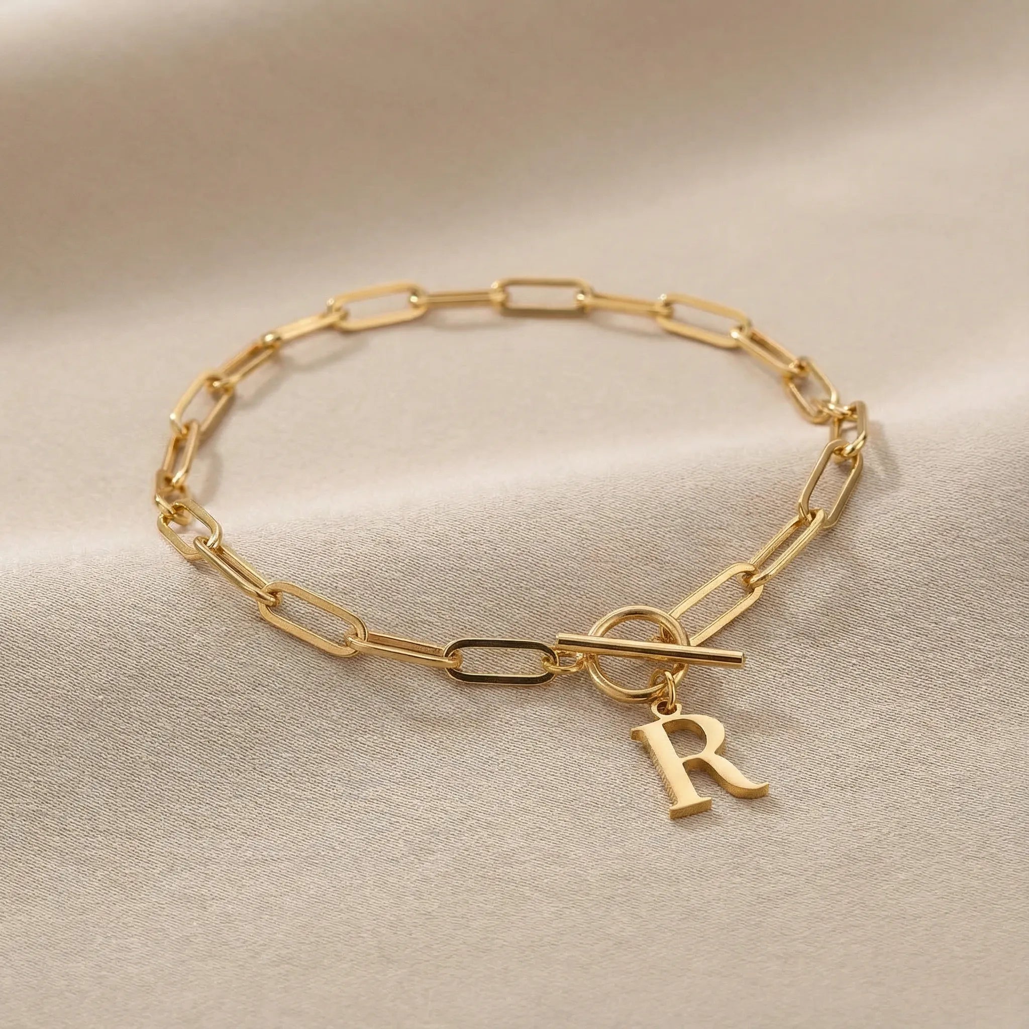 Initial Bracelet with Oval Belcher T-bar Chain