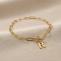 Initial Bracelet with Oval Belcher T-bar Chain - Sterling Silver