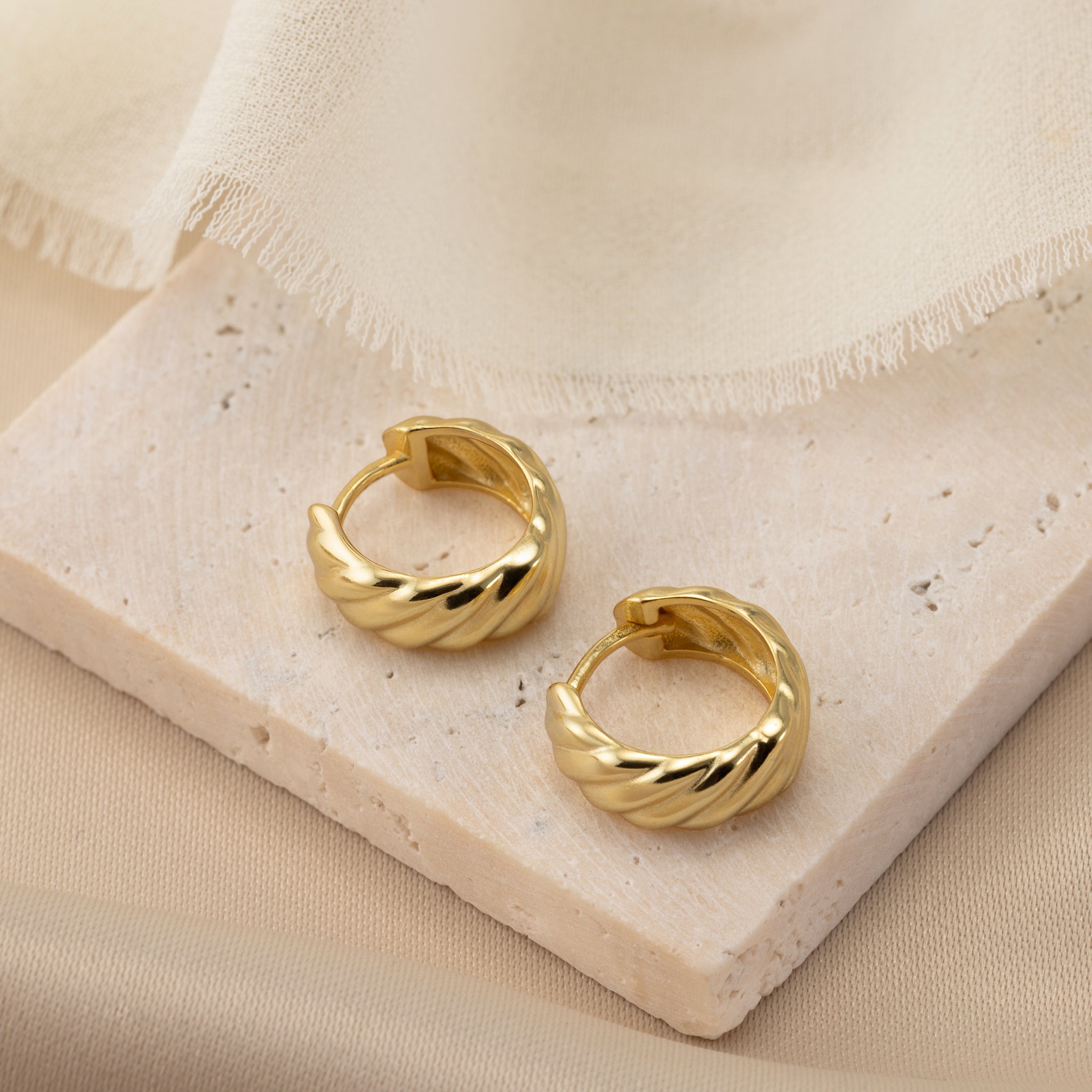 Wide Ribbed Huggie Hoop Earrings - 14ct Gold