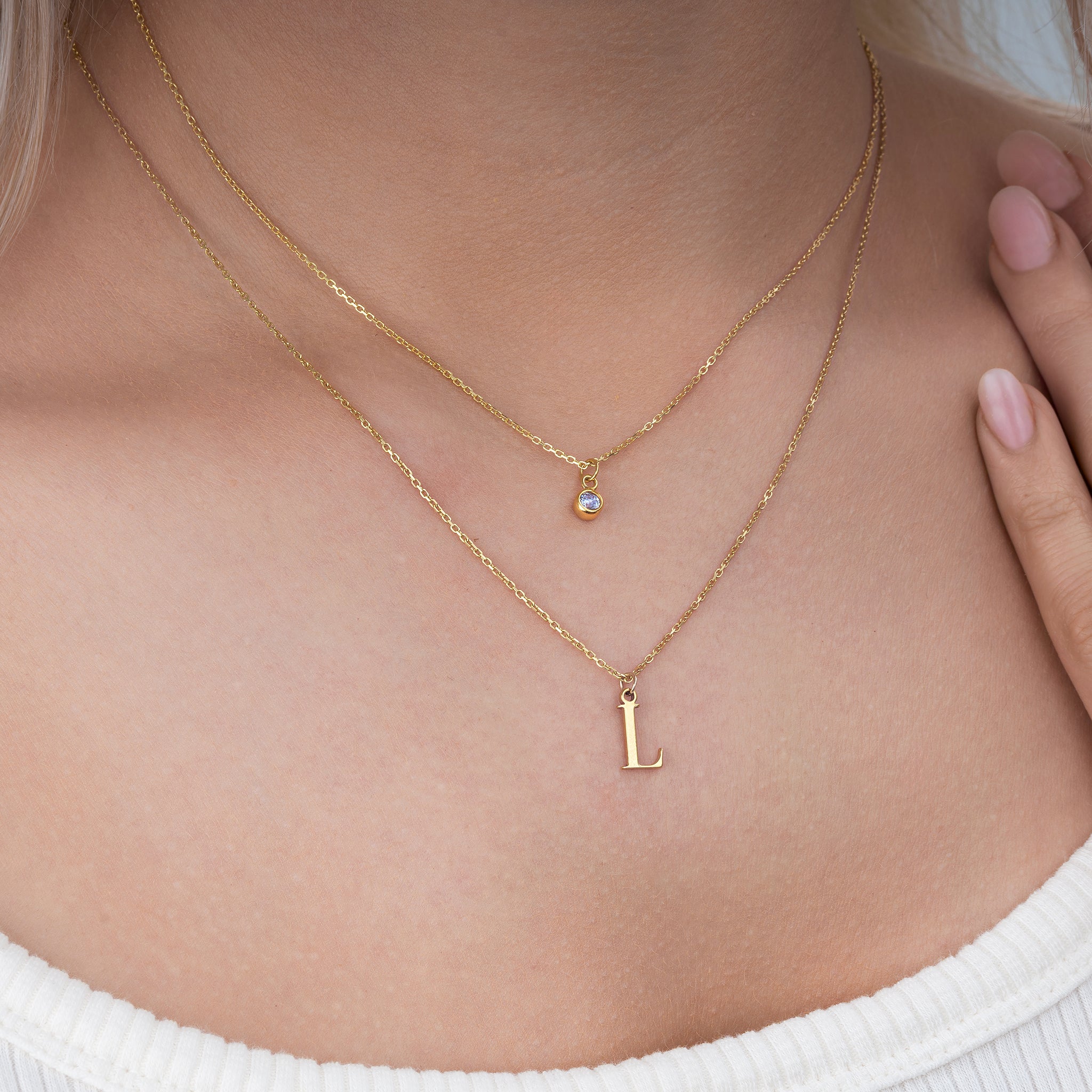 Personalised Birthstone & Initial Necklace Layered Set of 2 - 18ct Gold / Style 2 / Style 1