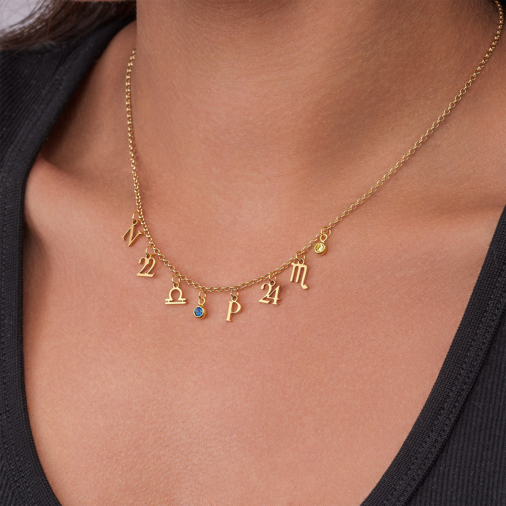 Story Necklace with Initial, Zodiac, Birthstone & Multiple Charms - Sterling Silver