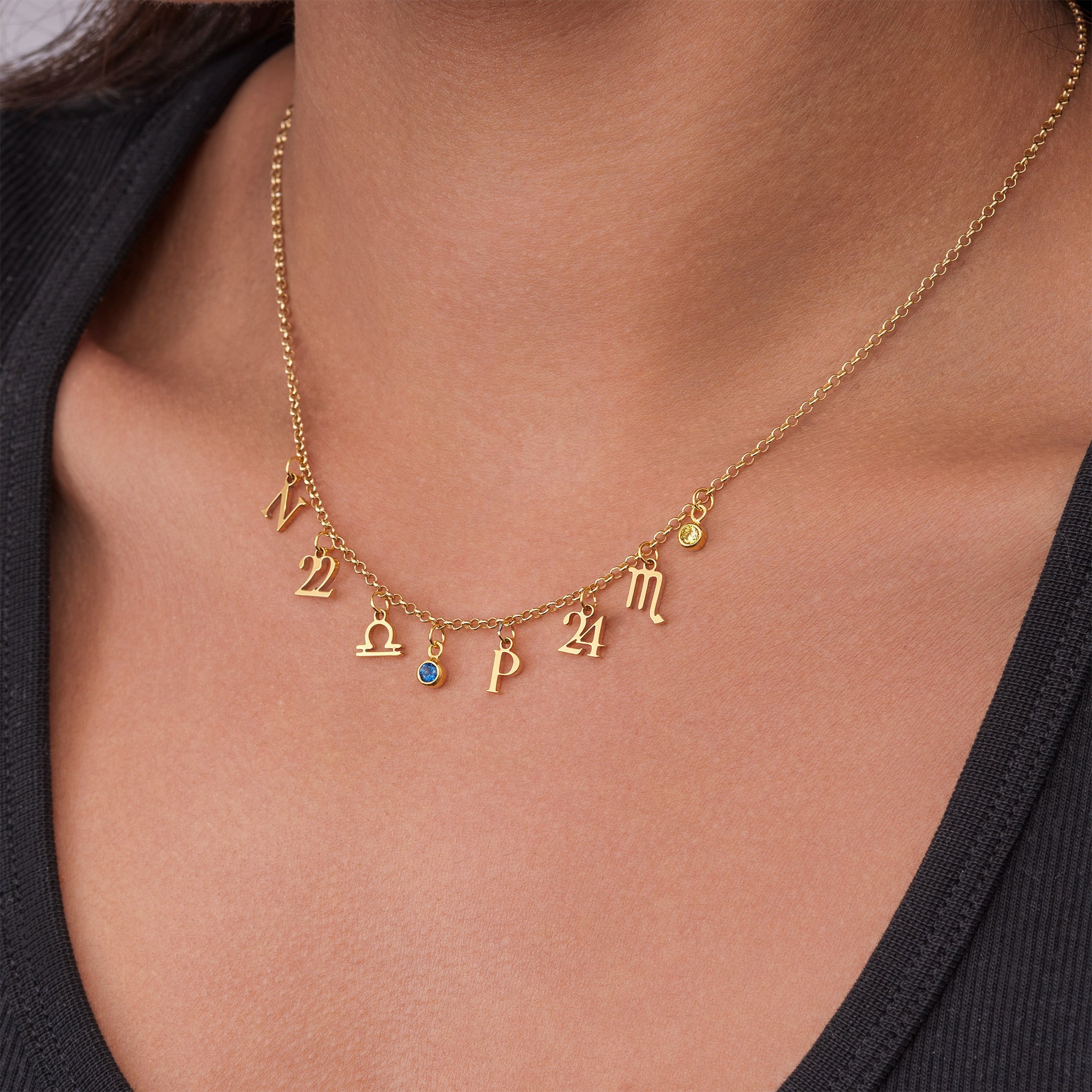 Story Necklace with Initial, Zodiac, Birthstone & Multiple Charms - Sterling Silver