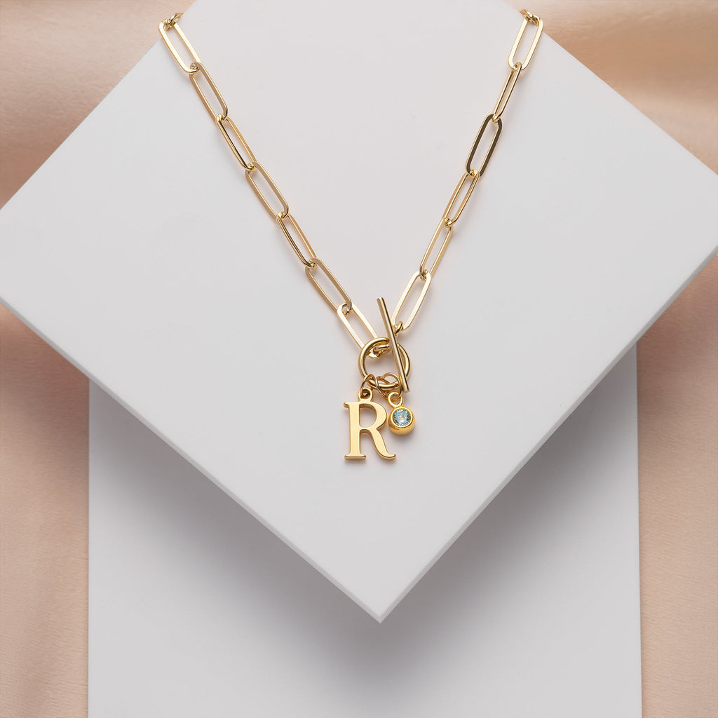 Initial Necklace with Oval Belcher T-bar Chain - Sterling Silver