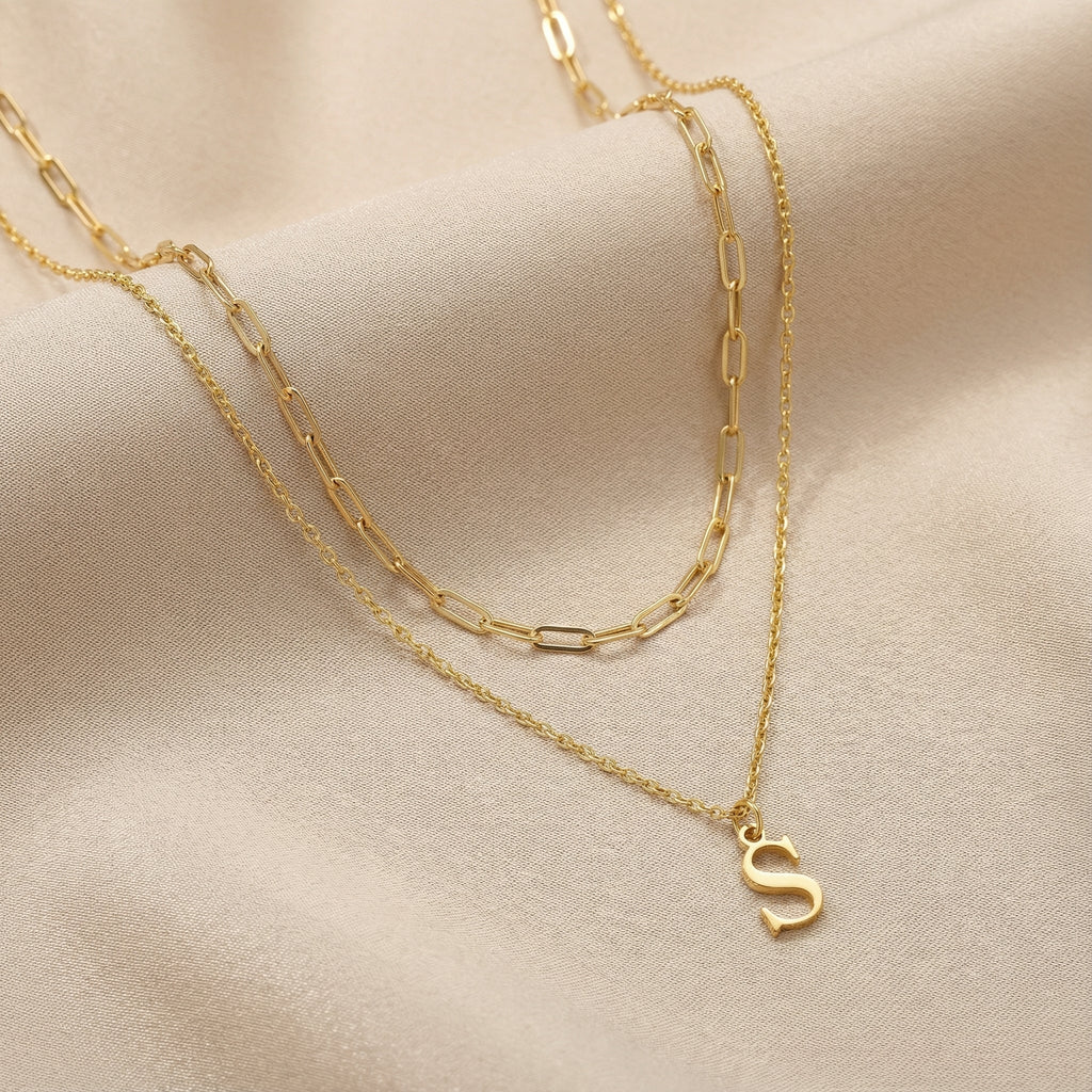 Paperclip Chain & Custom Initial Necklace Set - Sterling Silver / Style 2