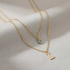 Personalised Birthstone & Initial Necklace Layered Set of 2 - Sterling Silver / Style 2 / Style 2