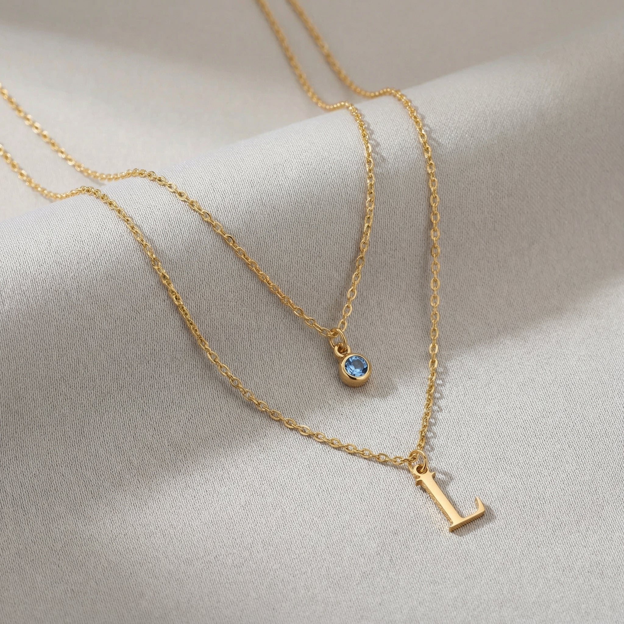 Personalised Birthstone & Initial Necklace Layered Set of 2 - Sterling Silver / Style 2 / Style 2