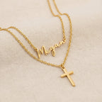 Personalised Name & Cross Layered Necklaces Set - 18ct Gold / Style 1 / Style 1