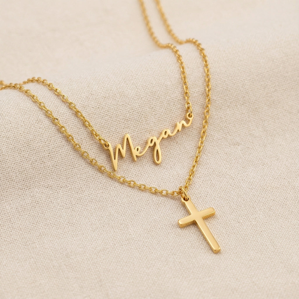 Personalised Name & Cross Layered Necklaces Set - 18ct Gold / Style 3 / Style 2