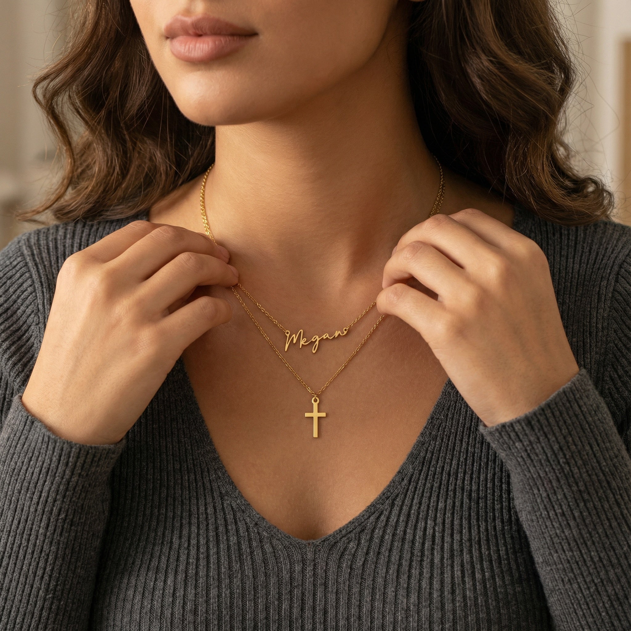 Personalised Name & Cross Layered Necklaces Set - Sterling Silver / Style 3 / Style 3