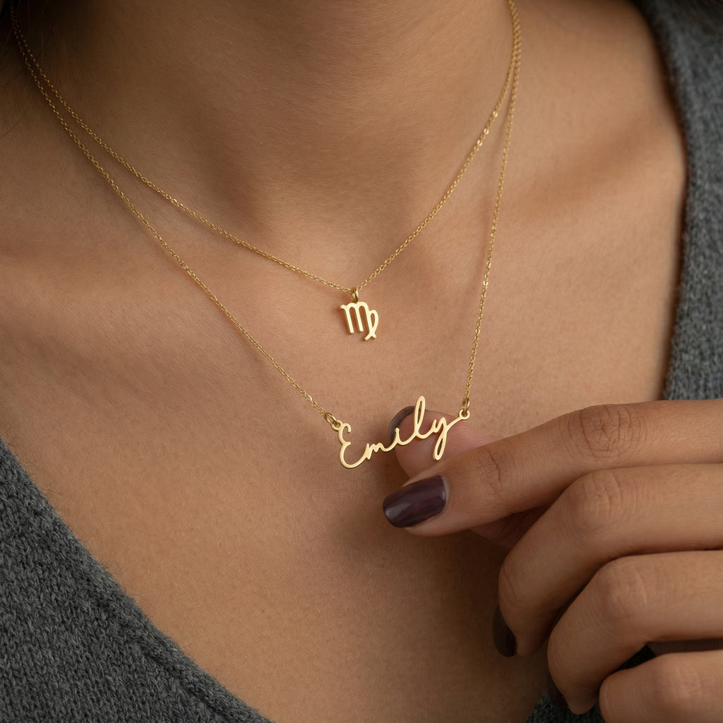 Signature Name & Zodiac Necklace Set - 18ct Gold / Style 1 / Style 1