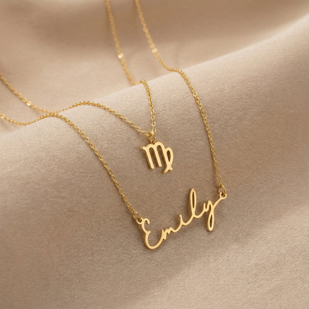 Signature Name & Zodiac Necklace Set - 18ct Gold / Style 1 / Style 1