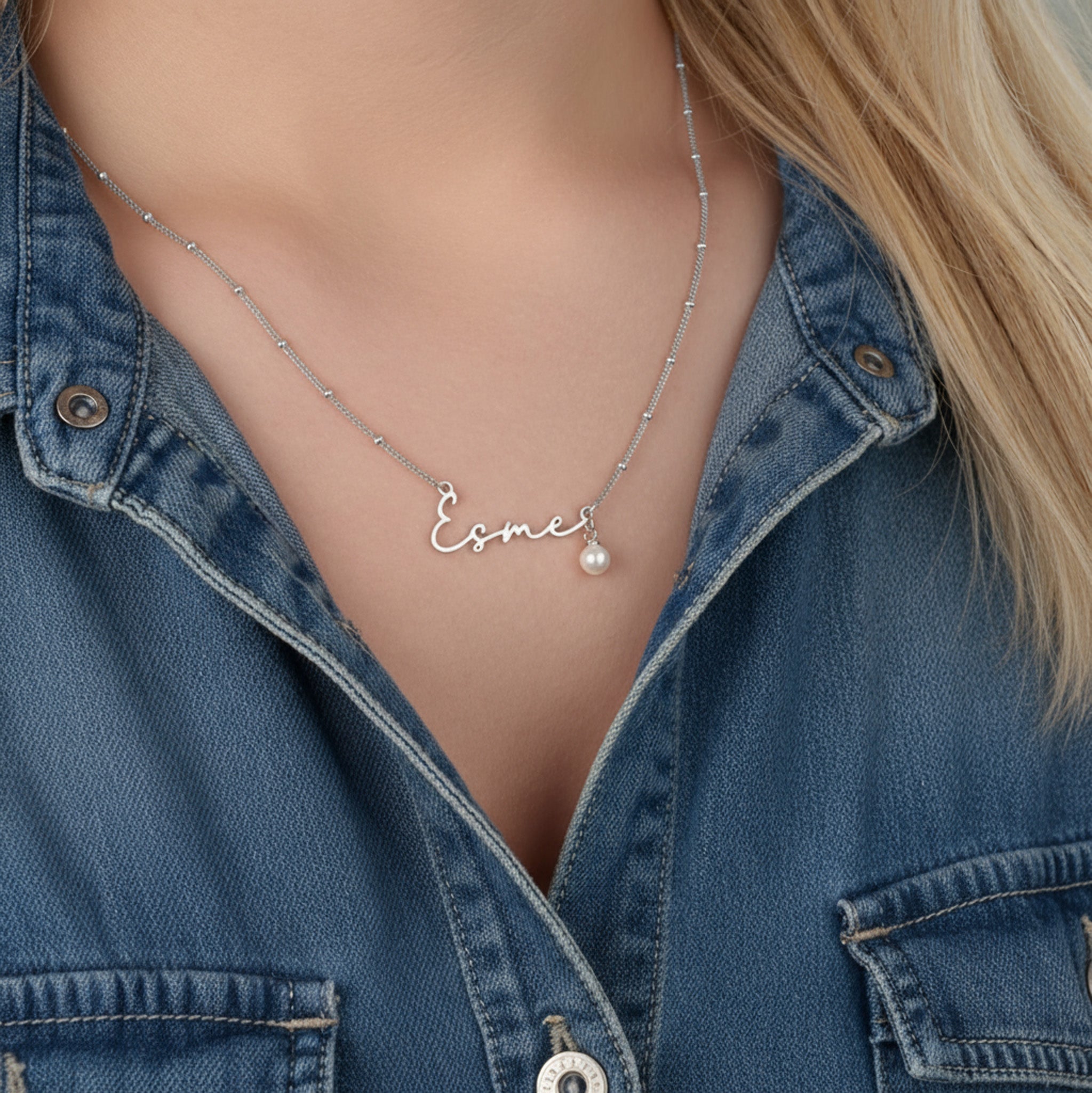 Custom Name Necklace & Freshwater Pearl Charm - Solid Silver / Style 2