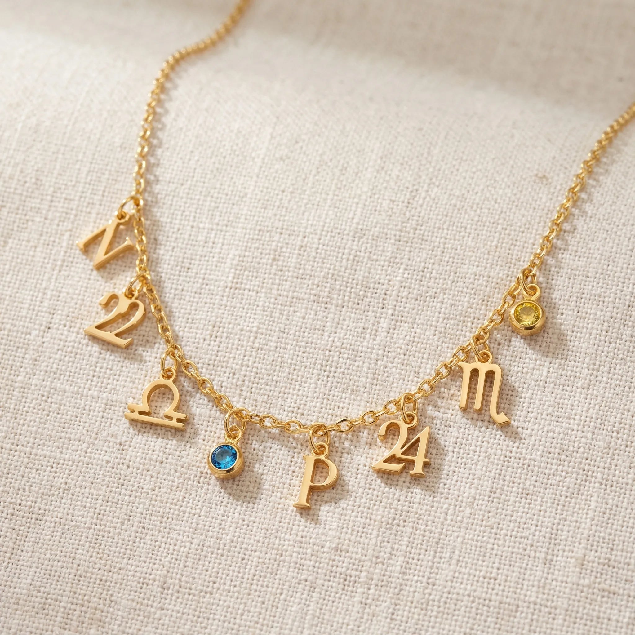 Story Necklace with Initial, Zodiac, Birthstone & Multiple Charms