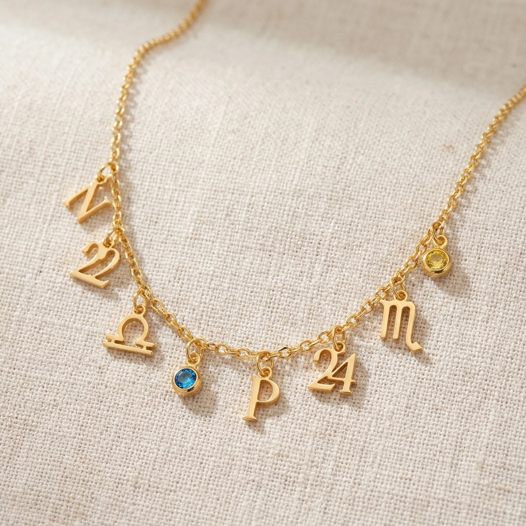 Story Necklace with Initial, Zodiac, Birthstone & Multiple Charms - Sterling Silver