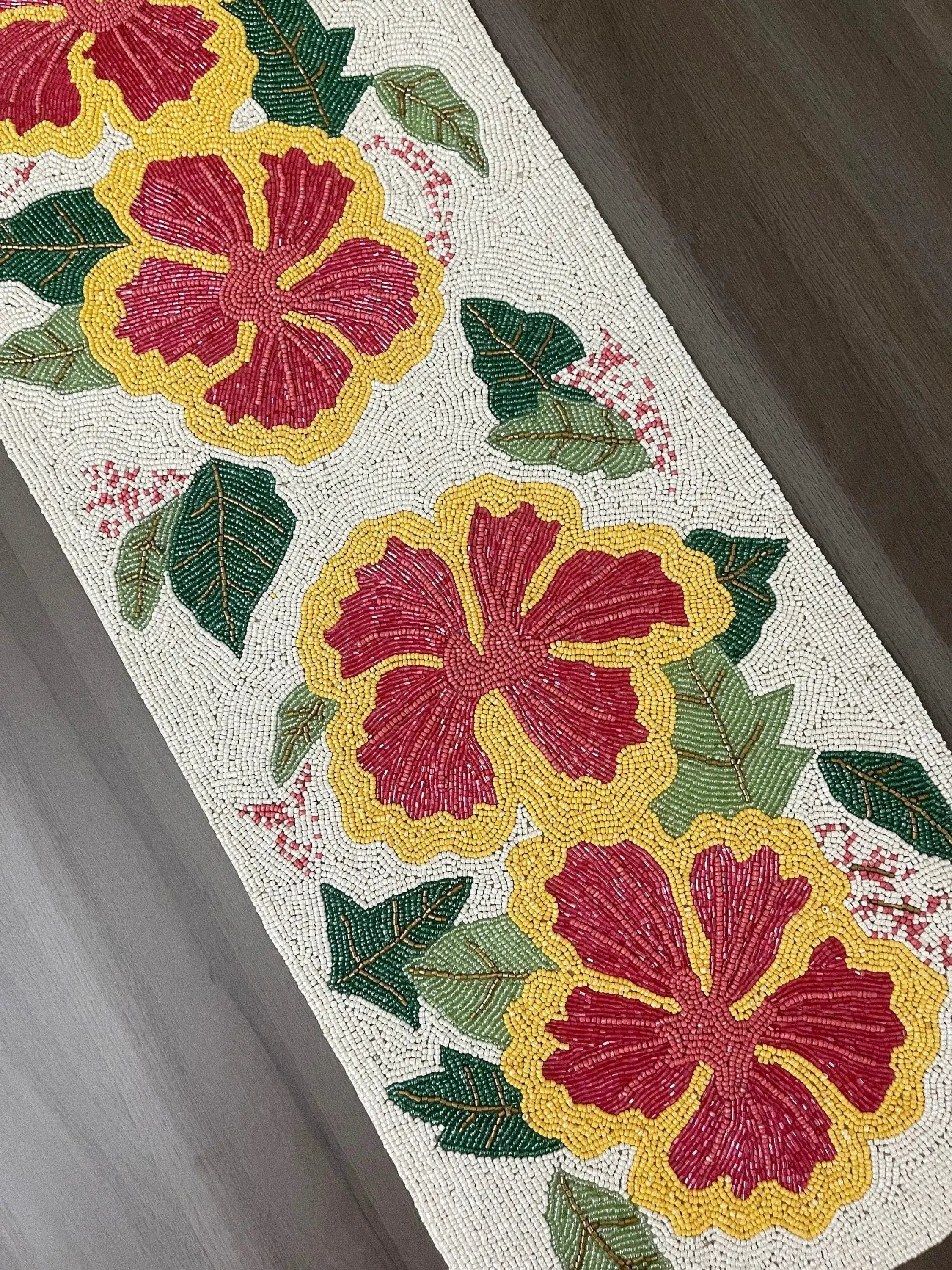 Hibiscus Flower Rectangular Beaded Table Runner