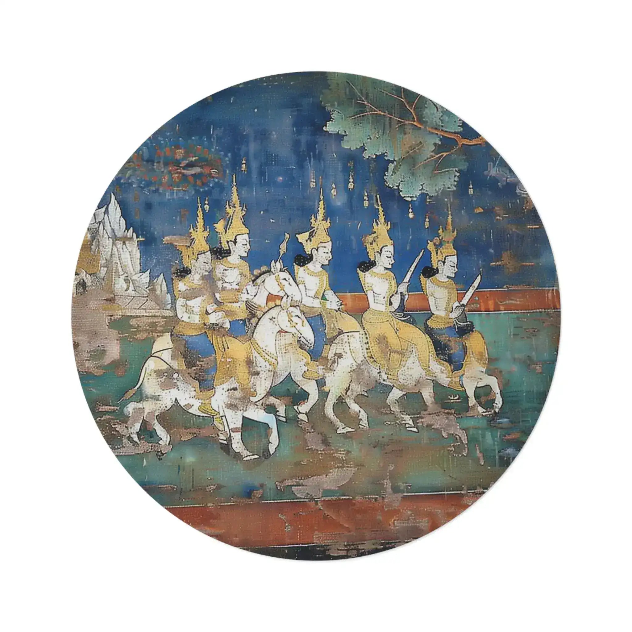 Historic Thai Warrior Mural Round Rug