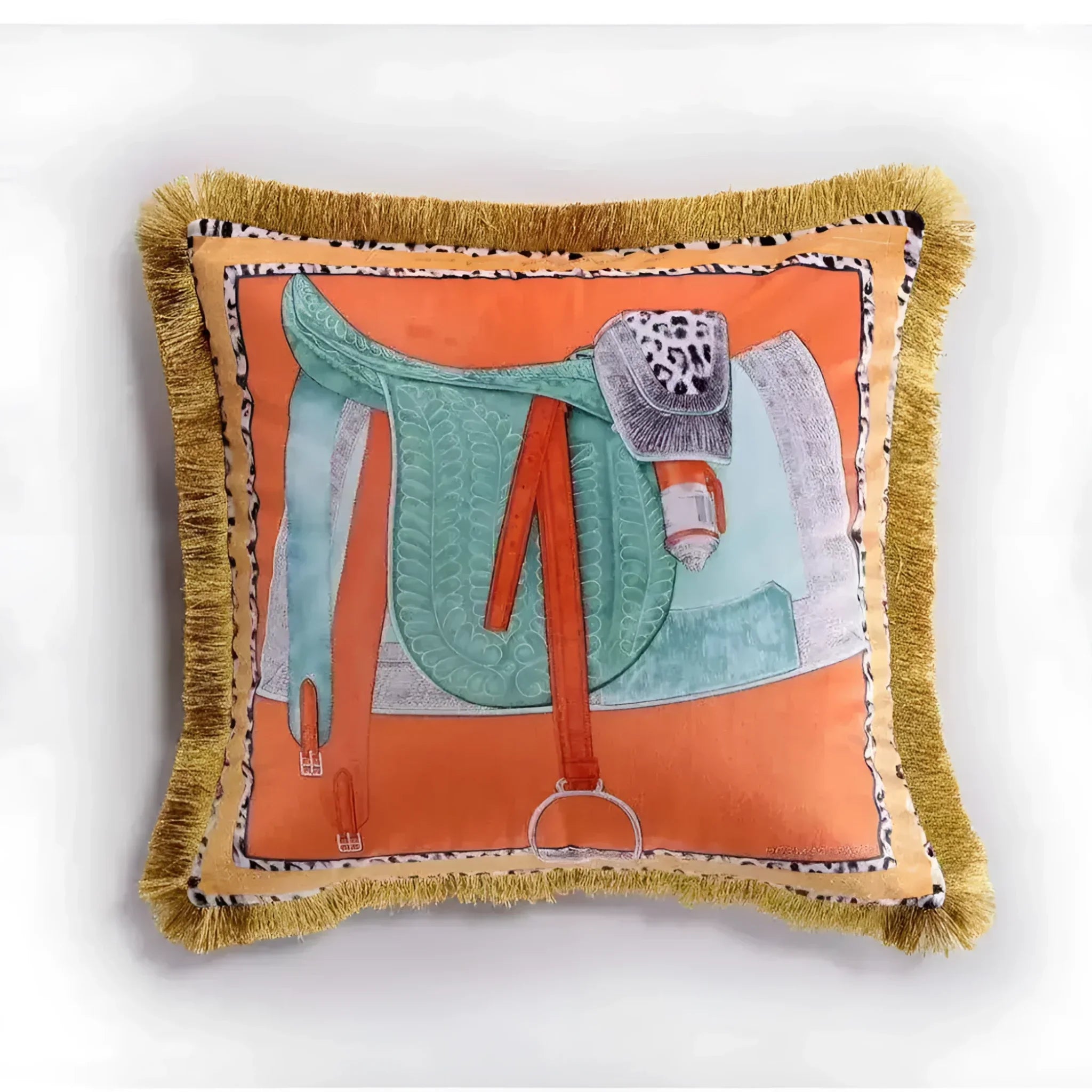 Horse Saddle Velvet Throw Pillow Cover with Fringes - Orange