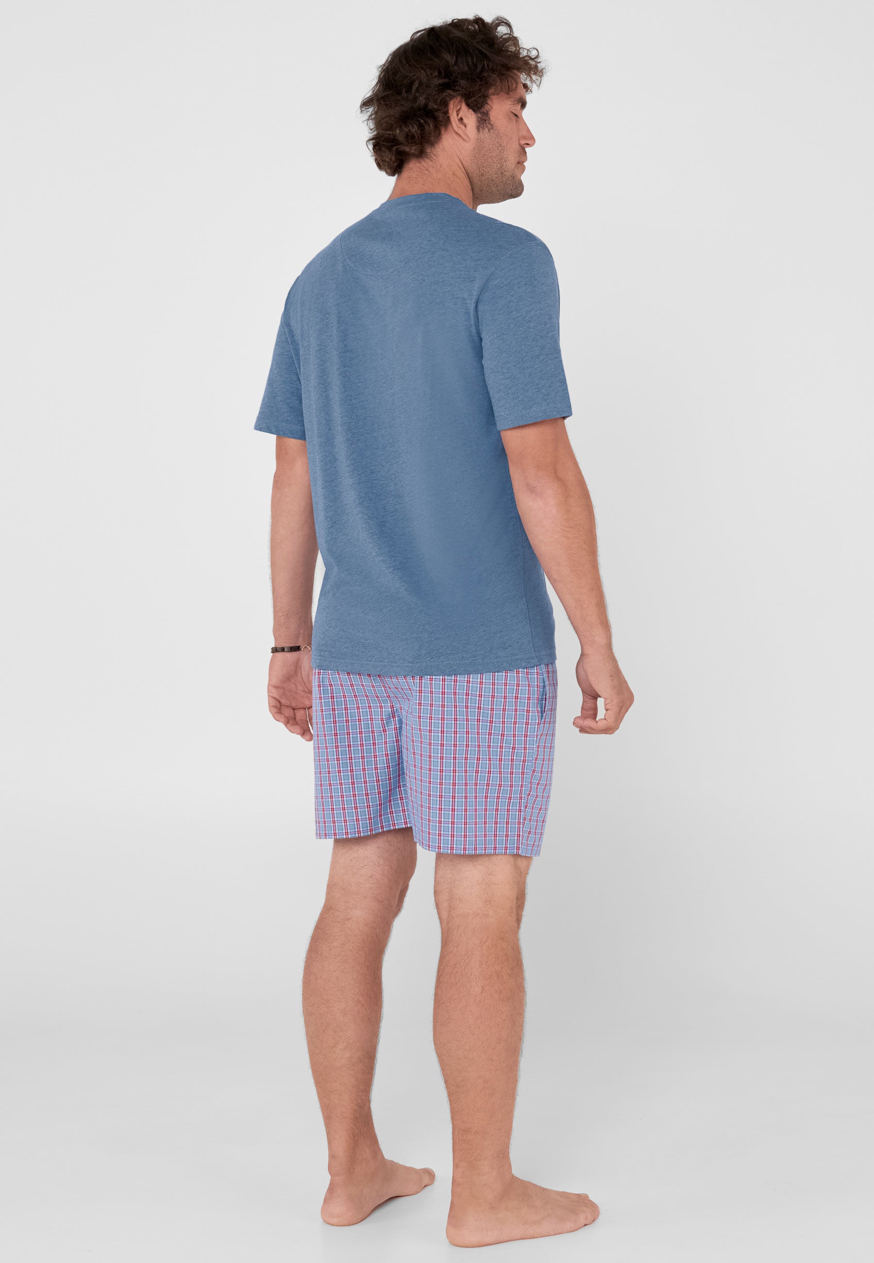 Pijama Hombre Verano Corto Tapeta Algodón Punto Liso Tela Cuadros - Azul 3603_30
