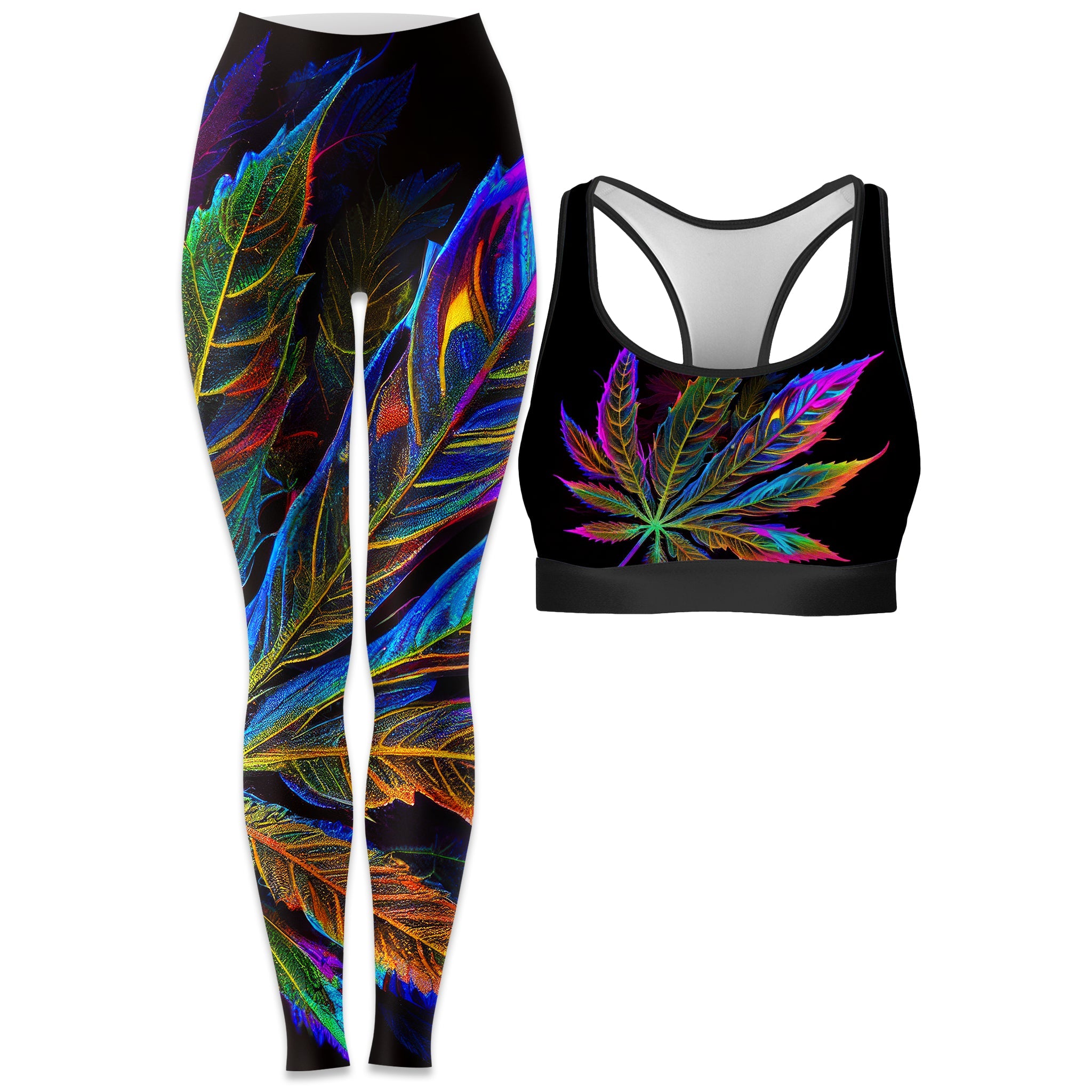 Blacklight Weed Rave Bra and Leggings Combo