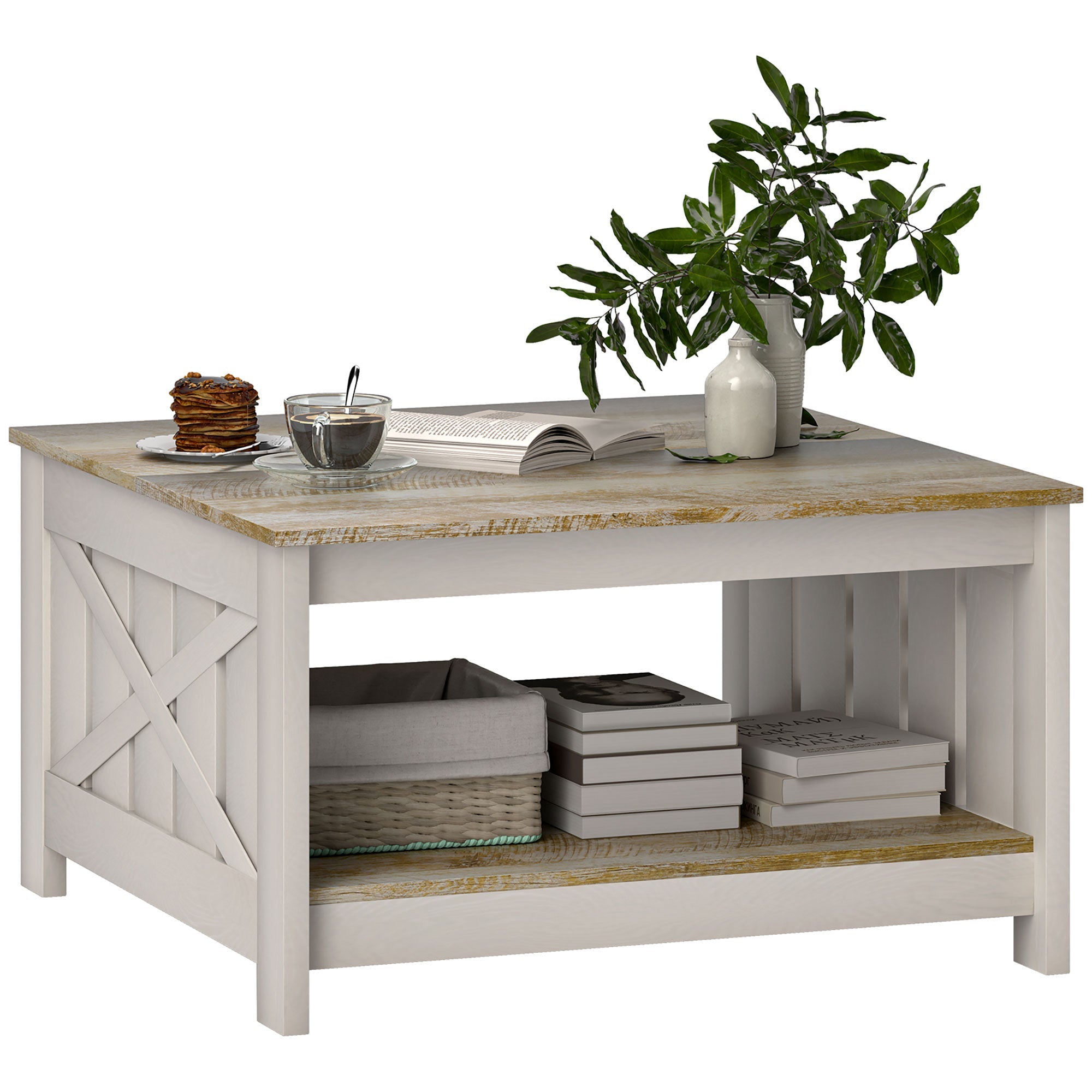 34. Farmhouse Coffee Table with Storage Shelf 31.5" Distressed Oak