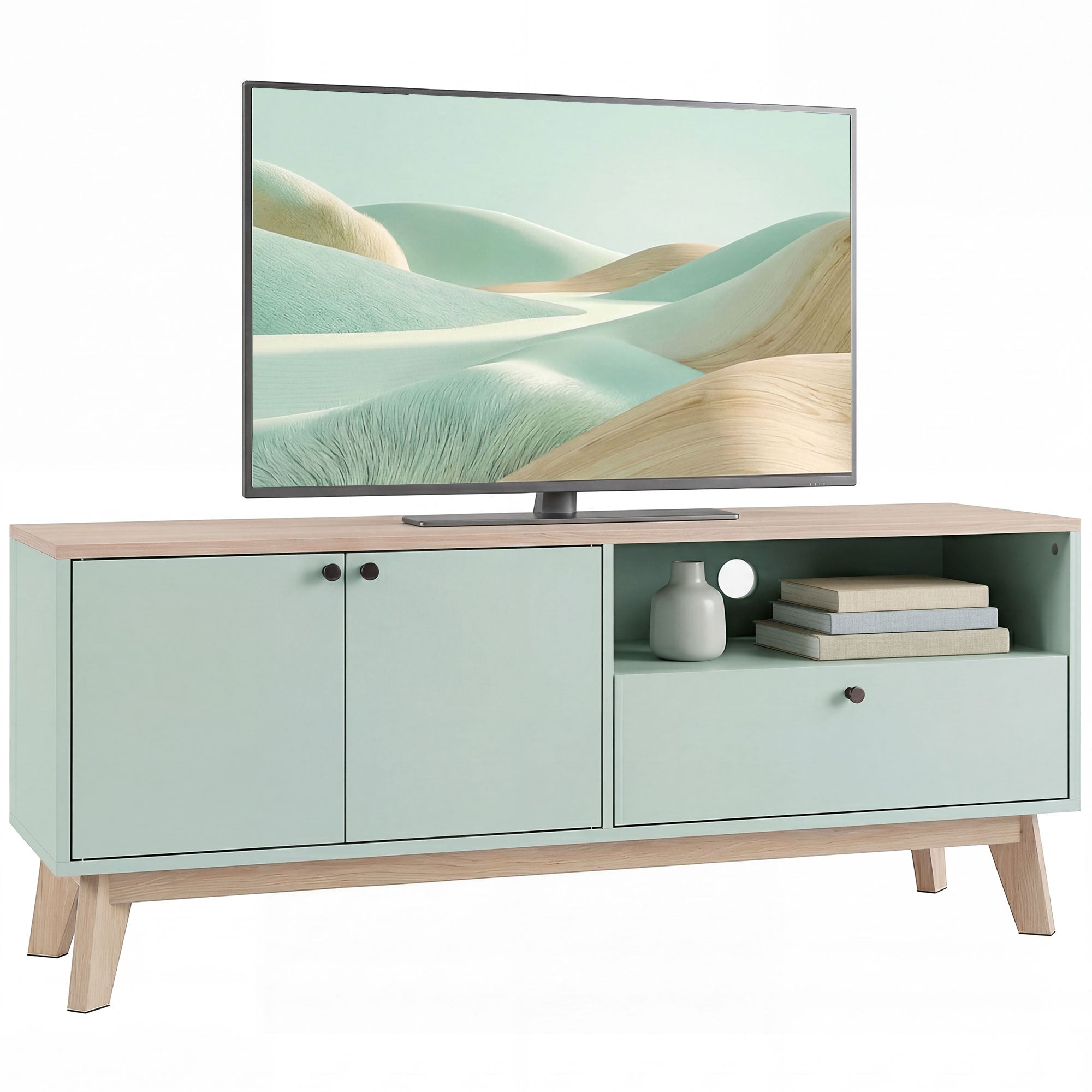 TV Stand for up to 36 in TVs with 2 Doors, Open & Adjustable Shelf, Light Green