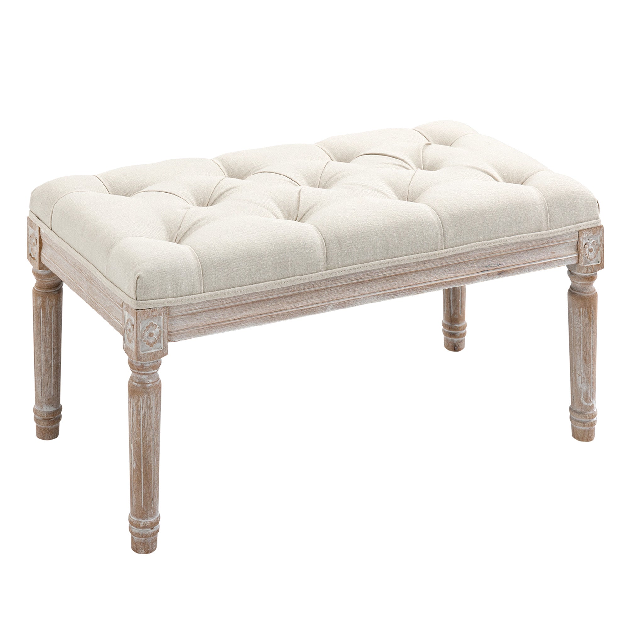 80cm End of Bed Bench, Button Tufting Bench with Fluted Wood Legs, Cream White