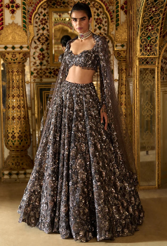 Charcoal Sequin Lehenga Set By KYNAH, Luxury Indian Fashion & Bridal Wear