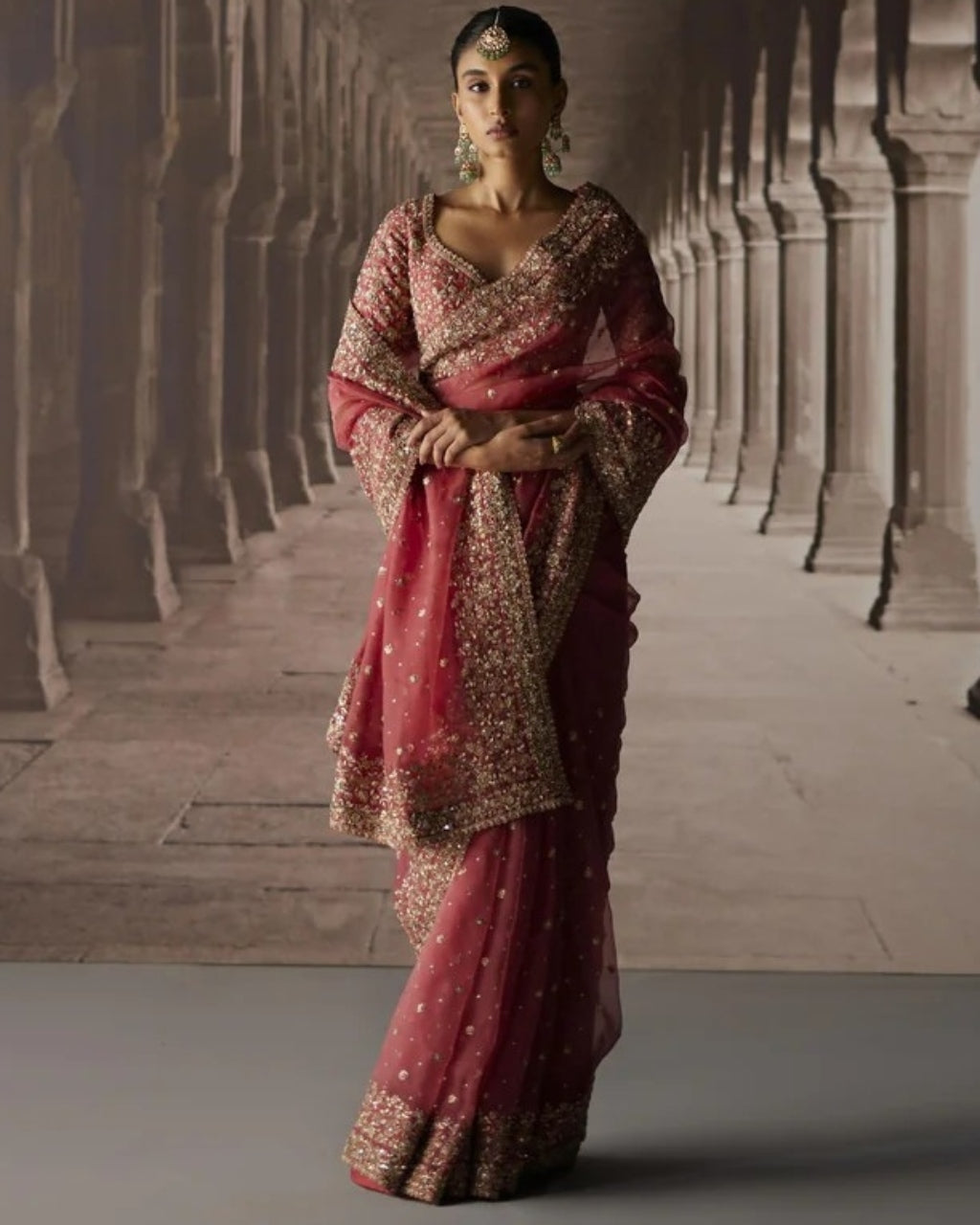 Red Sari With Jaal Blouse By KYNAH, Luxury Indian Fashion & Bridal Wear