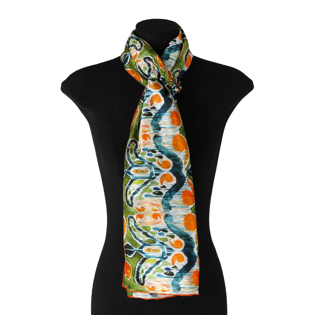 Green and Orange Silk Scarf with Ikat Print