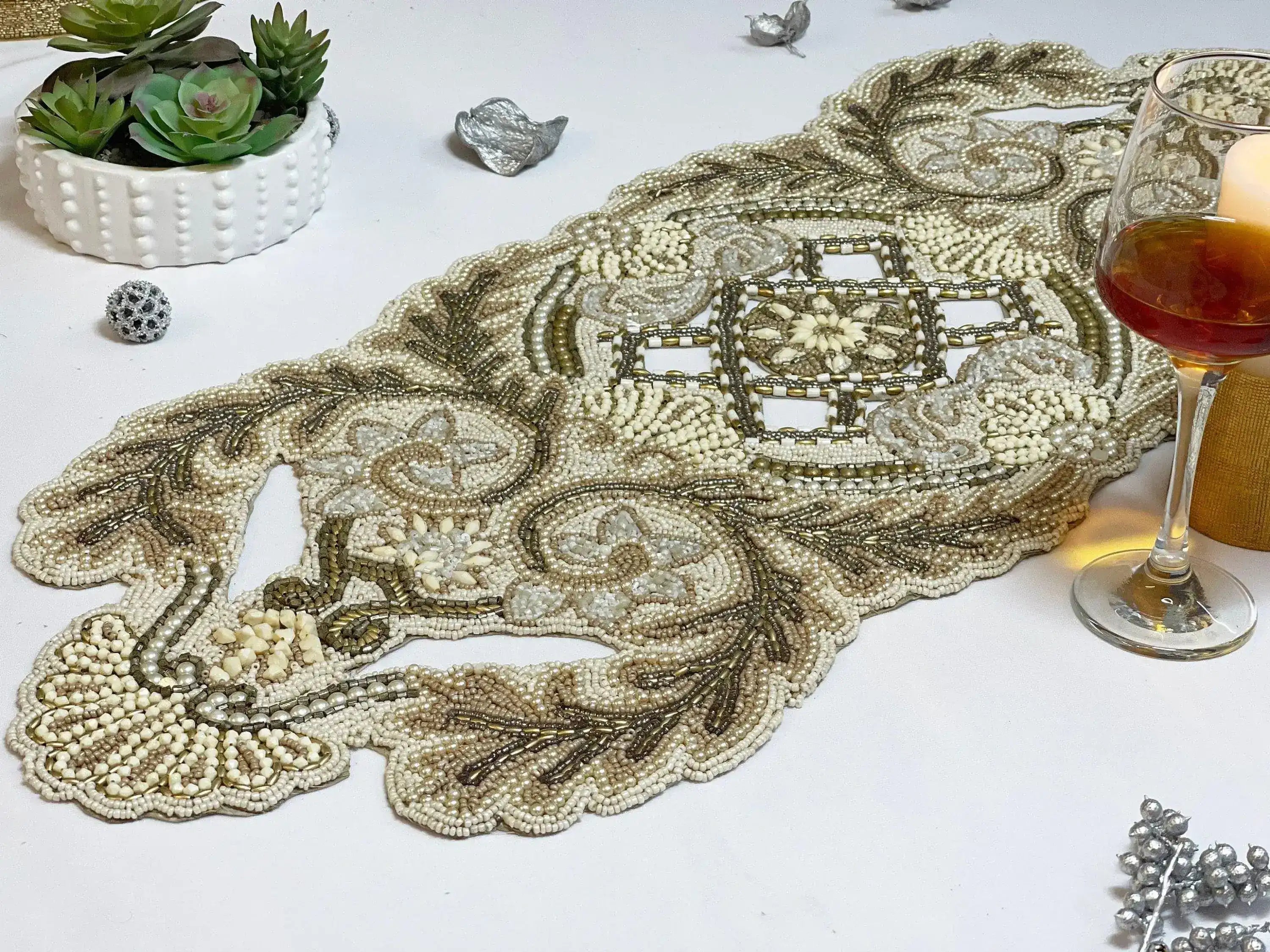 Kingdom Beaded Table Runner Gold/Cream