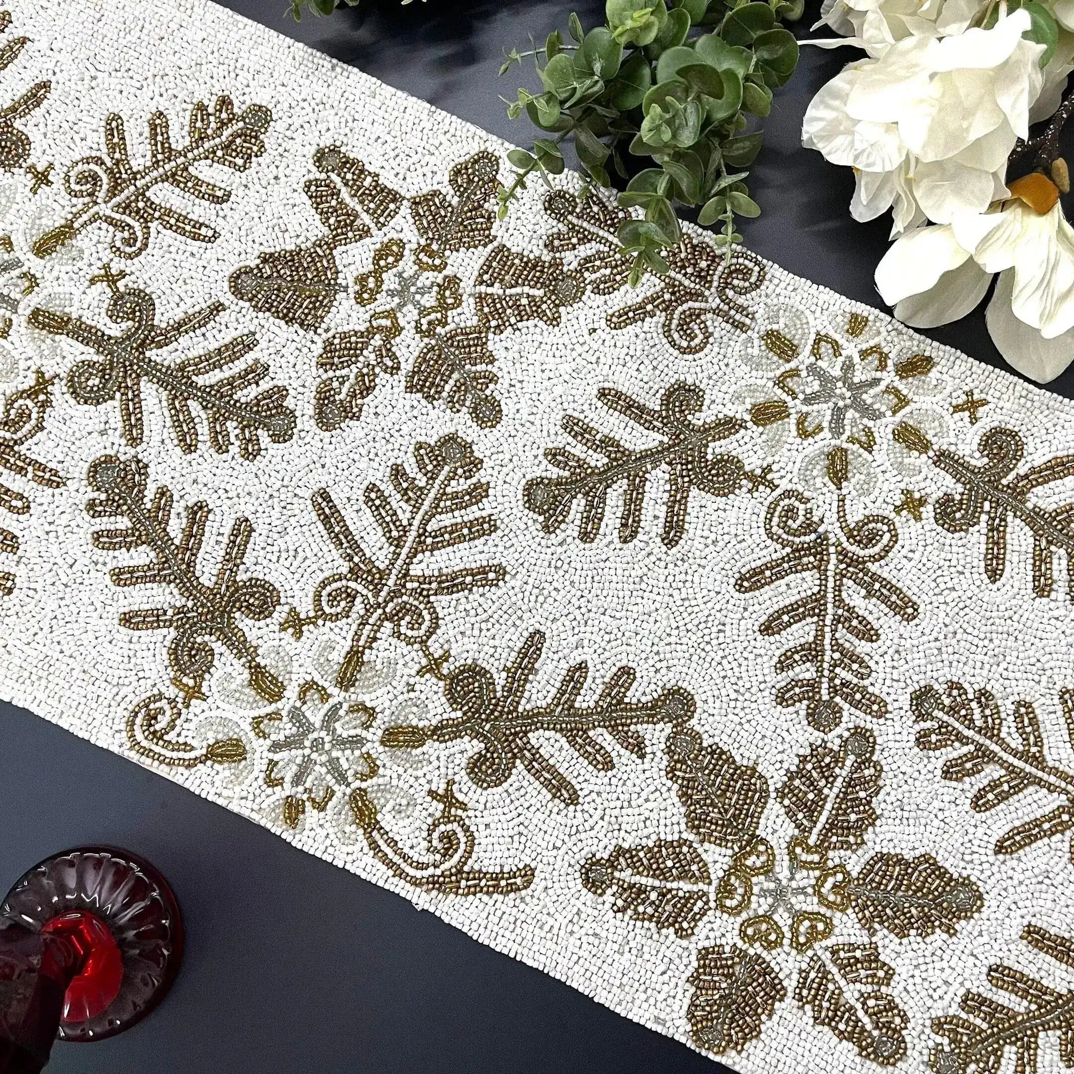 Christmas Delight Beaded Table Runner - White/Gold