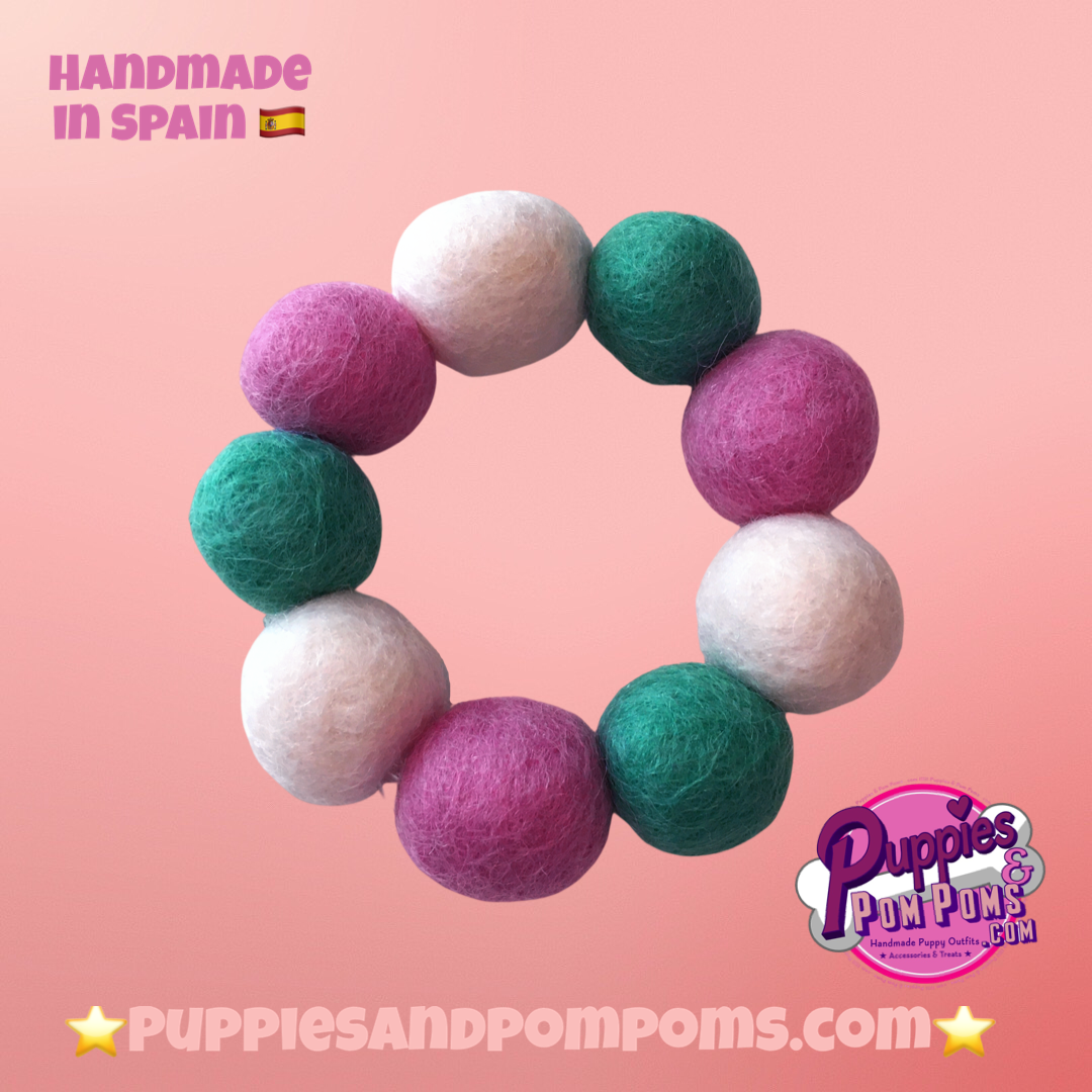 Pom Pom Bracelet - Pink, Jade Green & White
