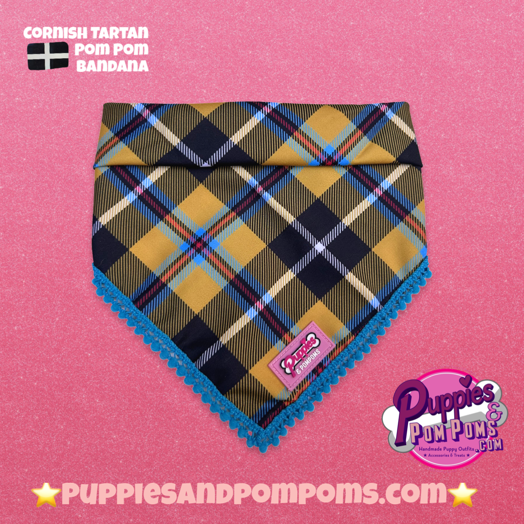 Cornish Tartan Bandana - Blue Pom Poms -Tie on