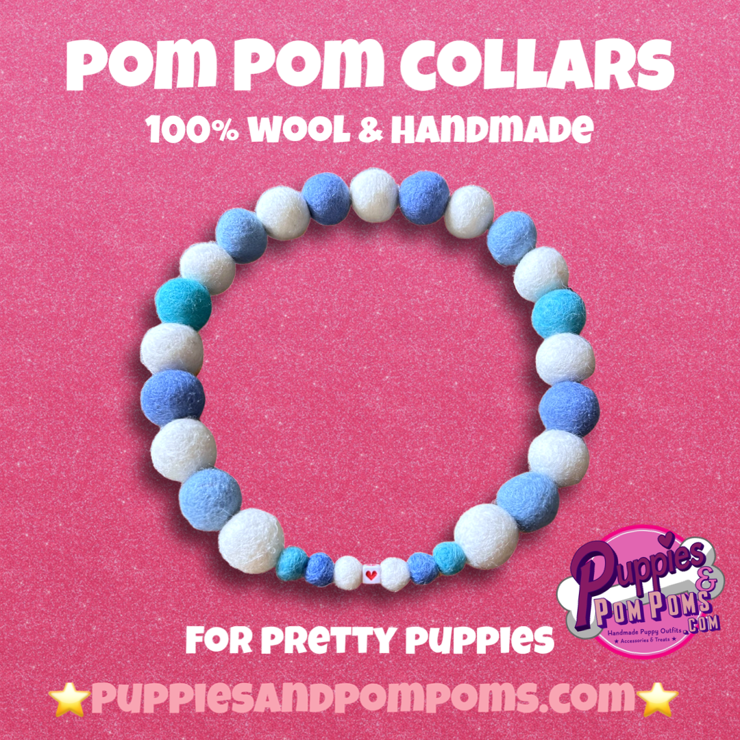 Personalised Pom Pom Dog Collar - Baby Blues / Cornish Blues