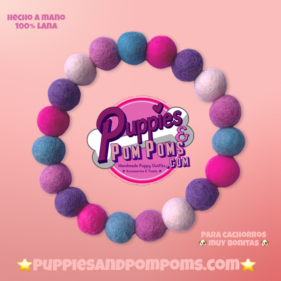 Pink, Blue & Purple Mix - Personalised Pom Pom Dog Collar