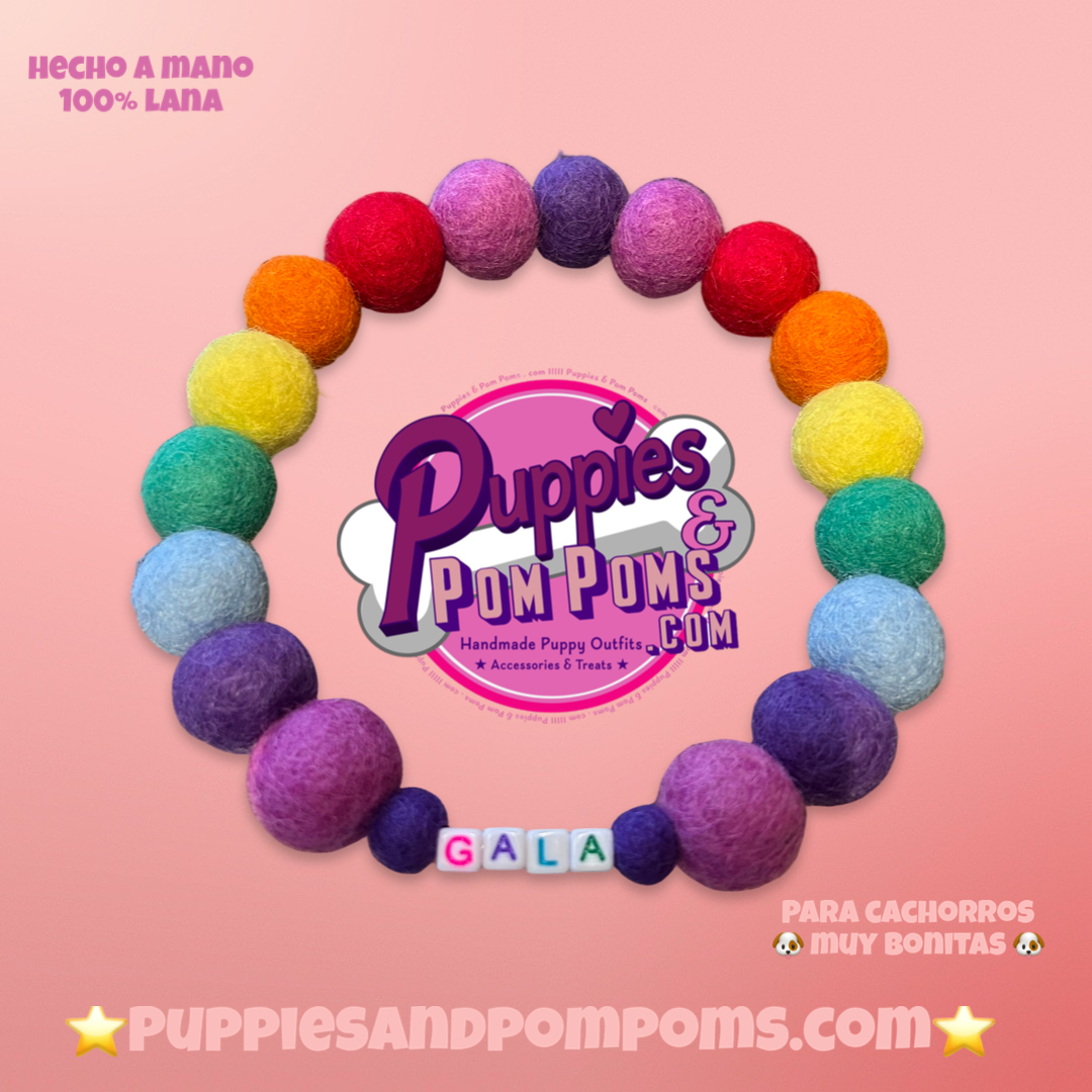 Collar para perro con pompones personalizados - Bolas de 2 cm arcoíris brillantes