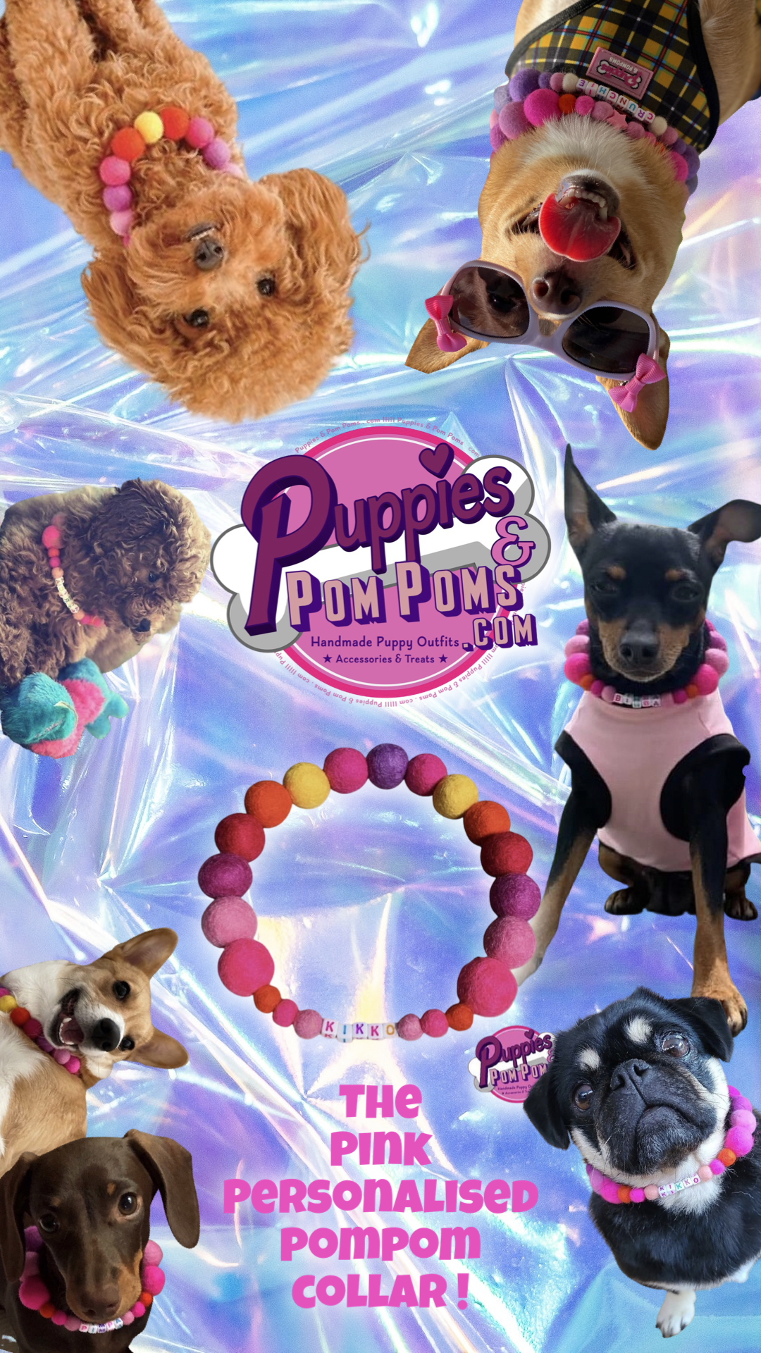 Pink - Personalised Pom Pom Dog Collar